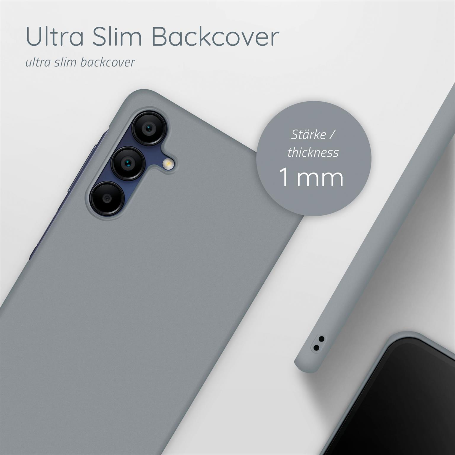 Telefonhülle. Graue Rückseite mit dem Text 'Ultra Slim Backcover' und Informationen zur Dicke.