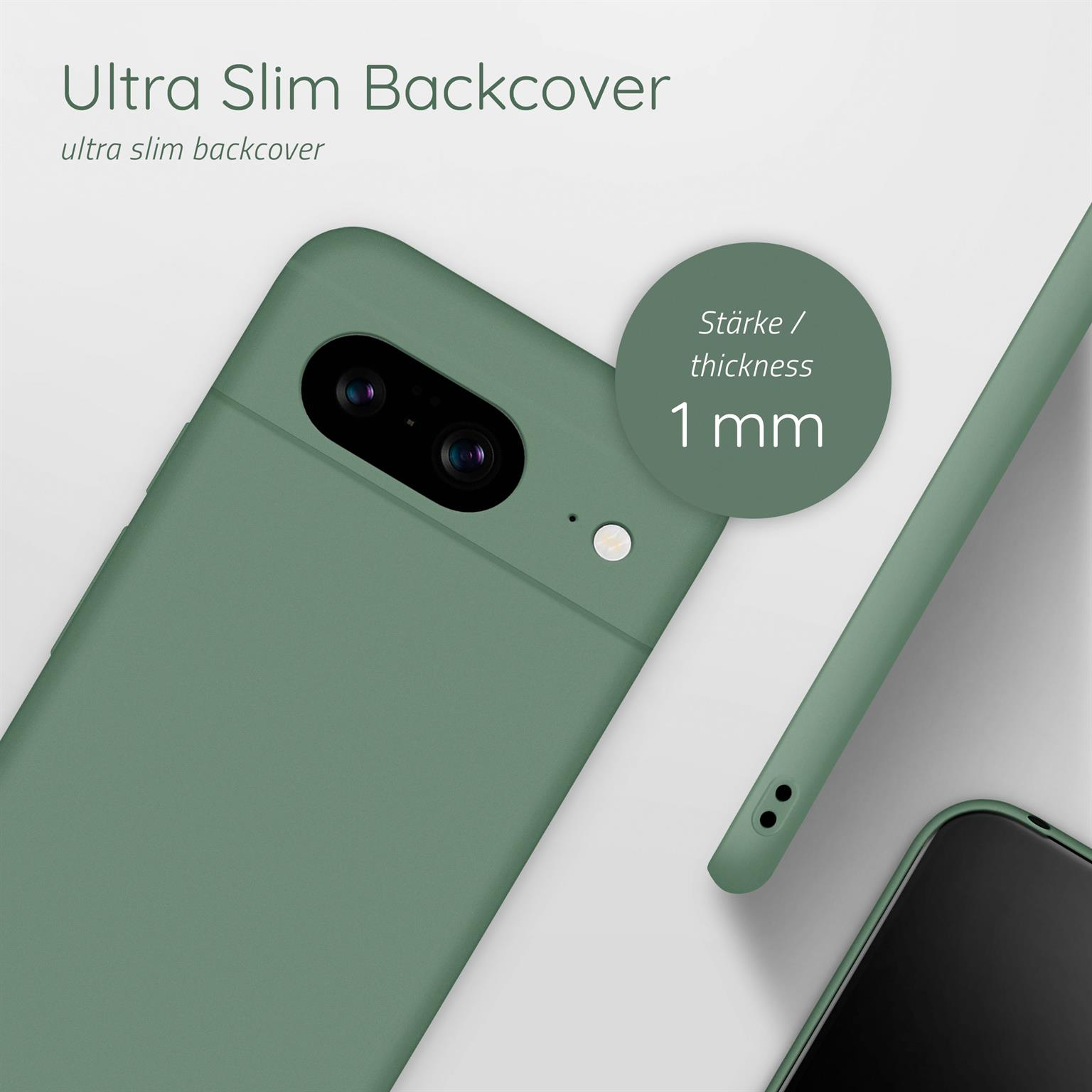 Grüne Handyhülle. Die Hülle hat den Text Ultra Slim Backcover und die Dicke beträgt 1mm.