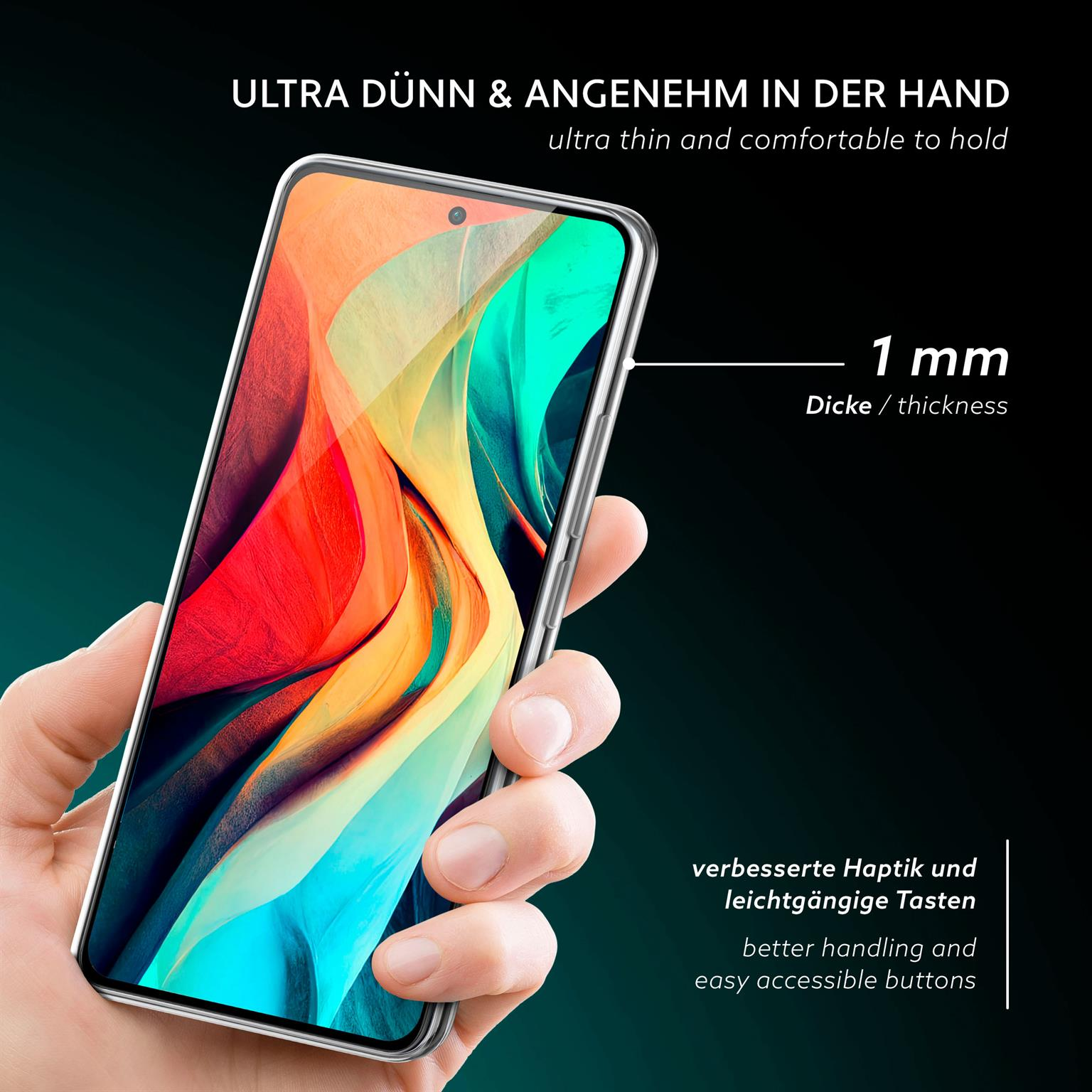 Hand hält ein Telefon mit klarer Hülle. Das Telefon hat einen Bildschirm und eine Kamera. Dunkler Hintergrund.