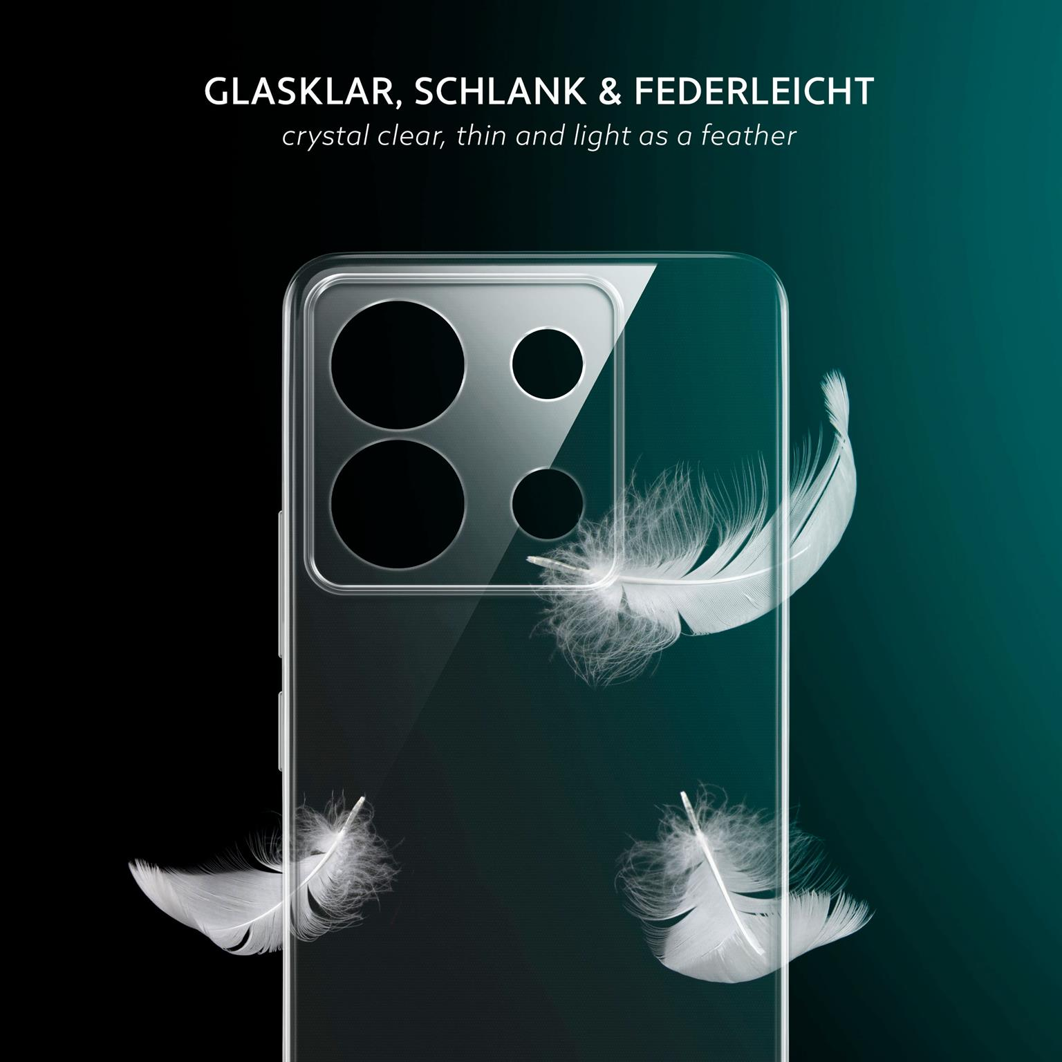 Transparente Handyhülle mit drei schwebenden Federn, die kristallklar, dünn und leicht betonen.