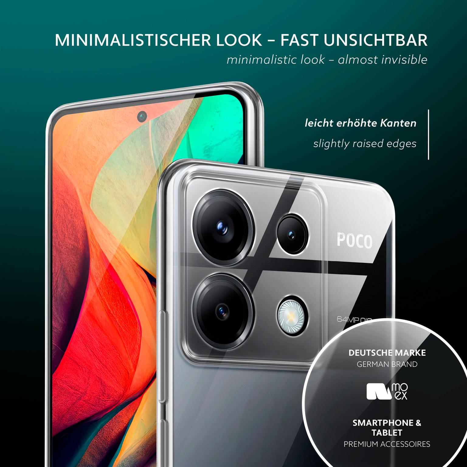 Zwei transparente Handyhüllen mit einem Telefon. Der Text auf dem Bild lautet: minimalistischer Look und deutsche Marke.