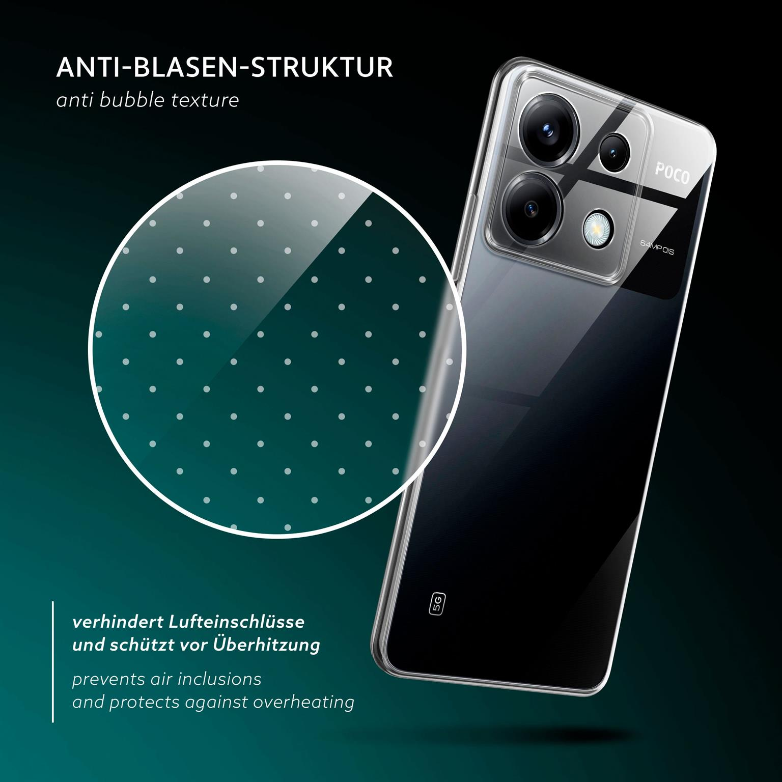 Ein Smartphone mit klarer Schutzhülle und einer kreisförmigen Lupe, mit dunklem Hintergrund.