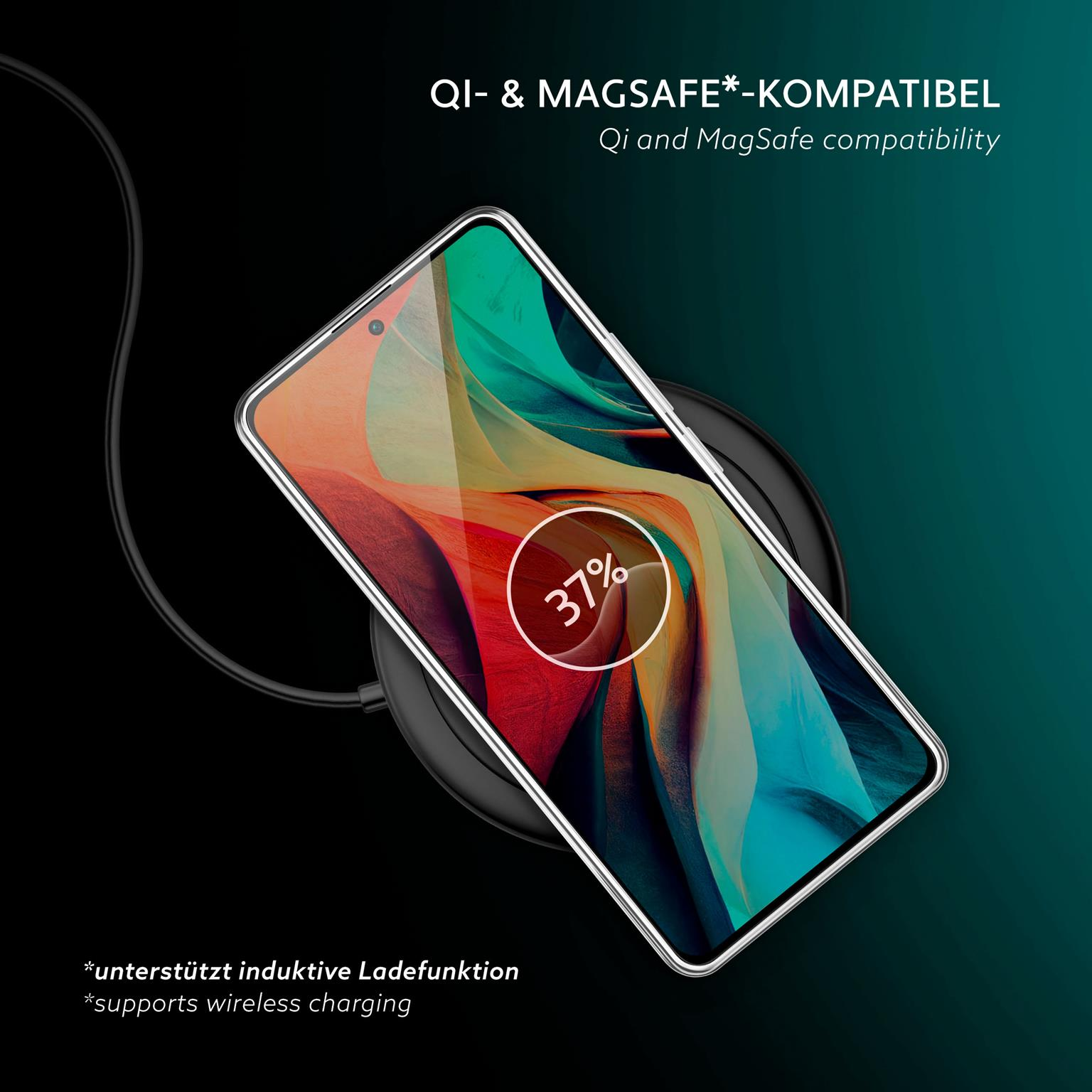 Telefon auf kabellosem Ladegerät, Display zeigt 37%. Text: Qi & MagSafe kompatibel. Hintergrund ist teal.