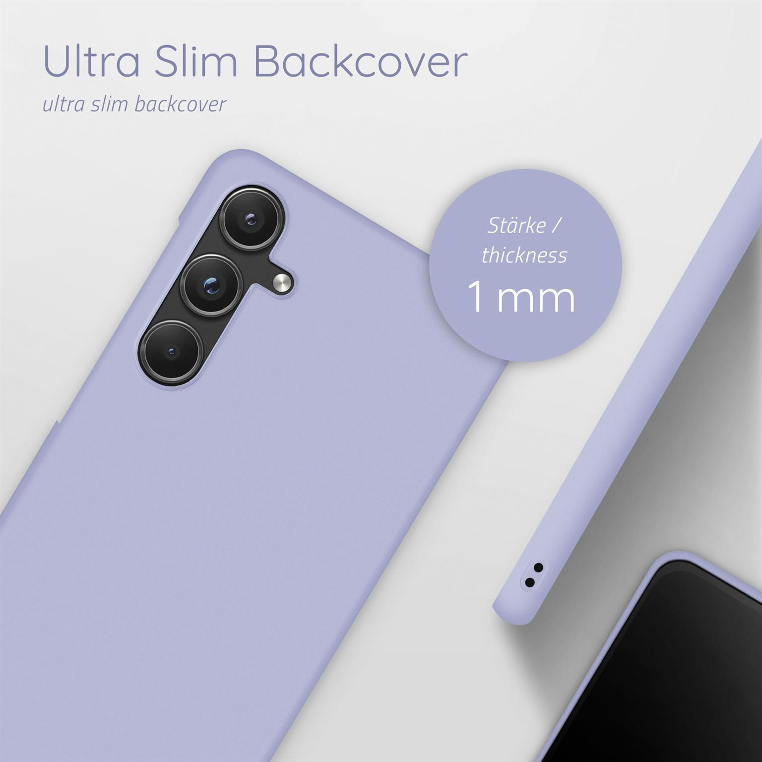 Lila Handyhülle. Die Dicke beträgt 1 mm. Weißer Hintergrund. Die Handyhülle schützt das Telefon.