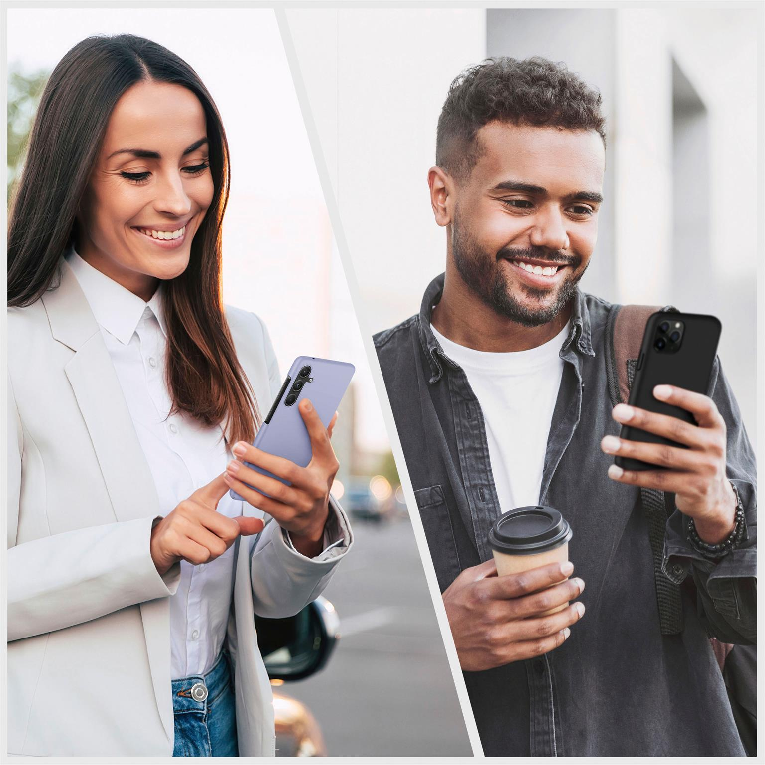 Zwei Personen, eine hält ein lila Telefon, die andere ein schwarzes. Beide lächeln.