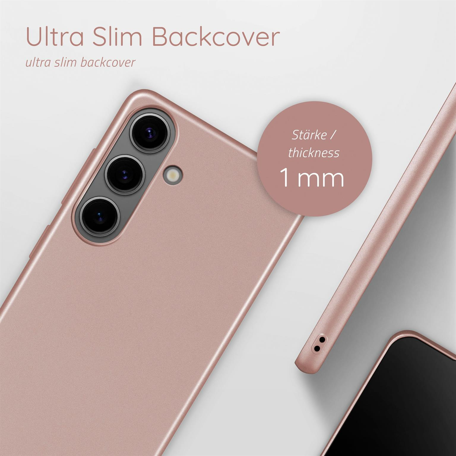 Roségoldenes Handycase mit Kameraaussparungen und 1 mm Dicke. Details auf weißem Hintergrund.