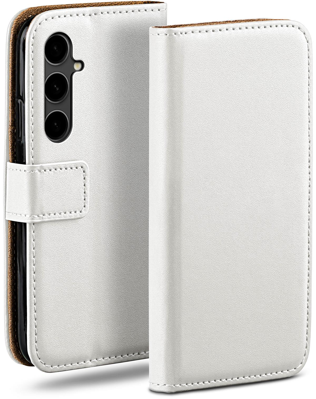 Weiße Handyhülle mit sichtbarem Telefon, mit Verschluss geschlossen.