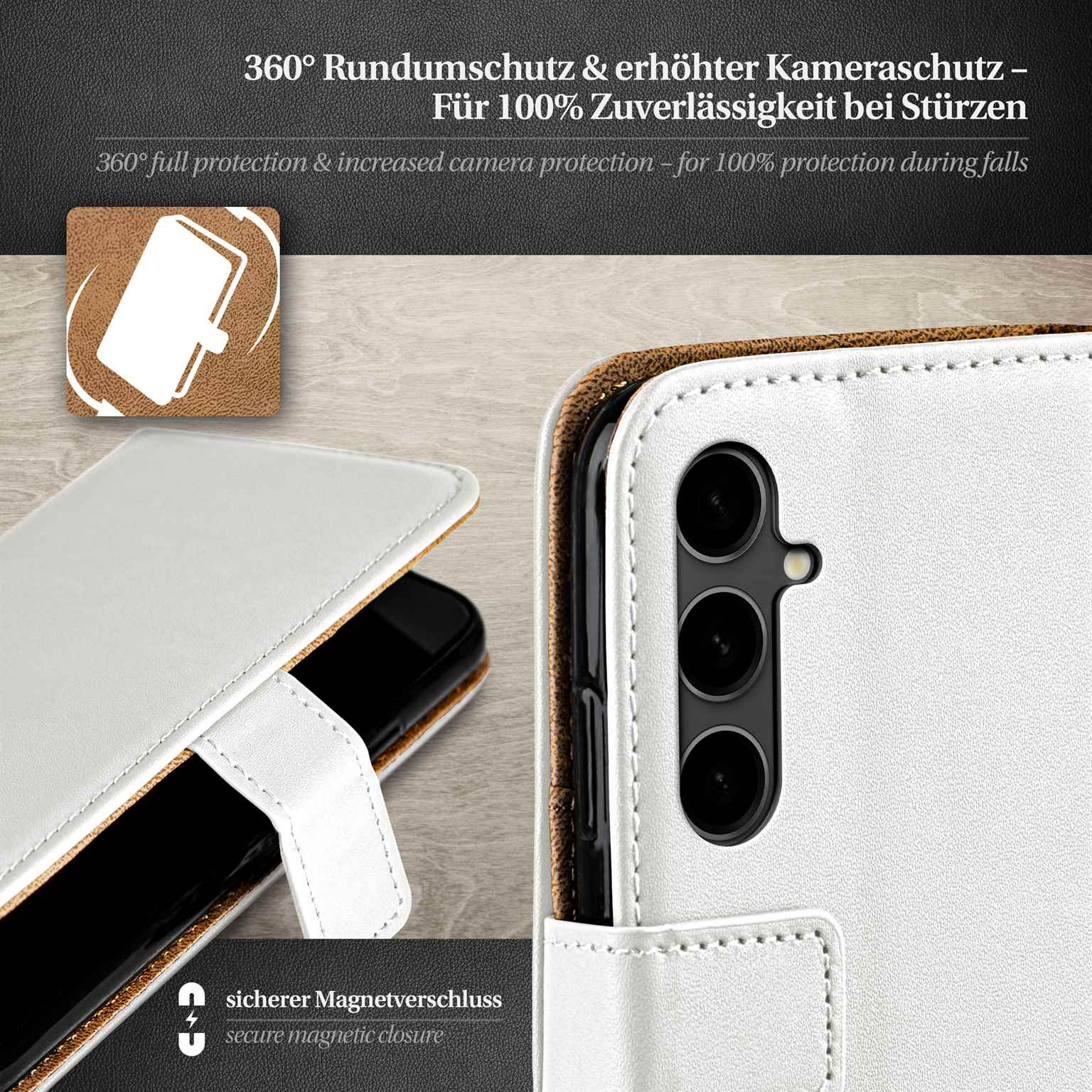 Weiße Handyhülle mit Telefon darin und Text über Schutz.