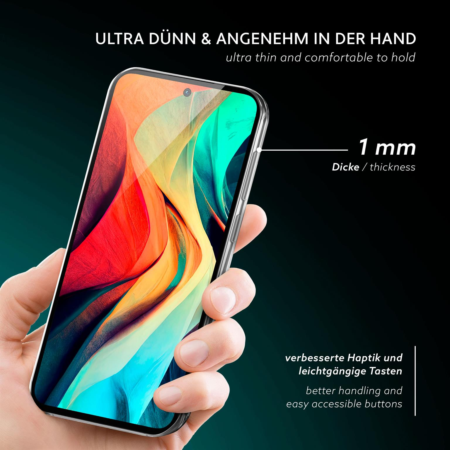 Eine Hand hält ein Telefon mit einer durchsichtigen Hülle. Das Telefon hat ein farbenfrohes Display.