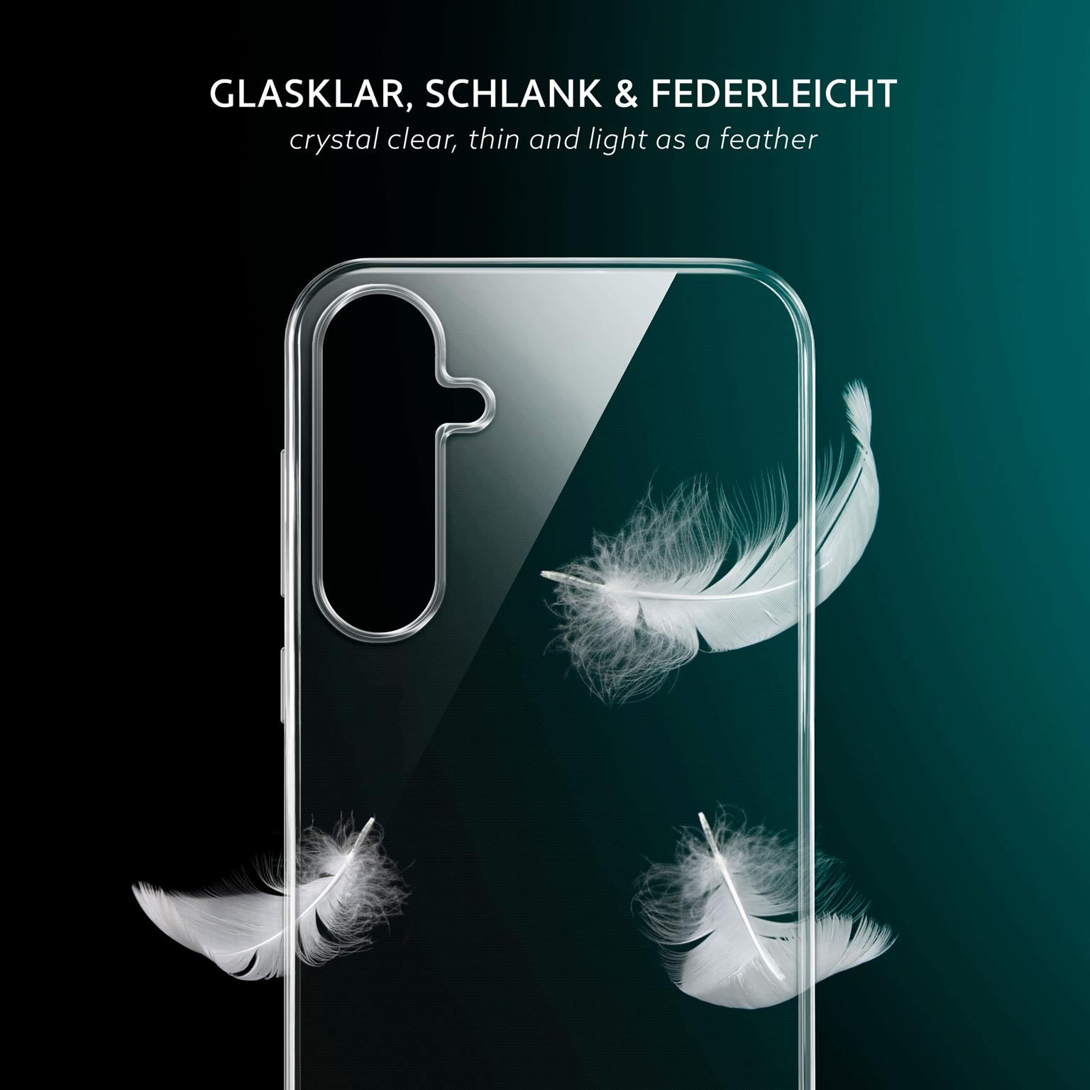 Eine transparente Handyhülle mit weißen Federn vor einem dunkelgrünen Hintergrund.
