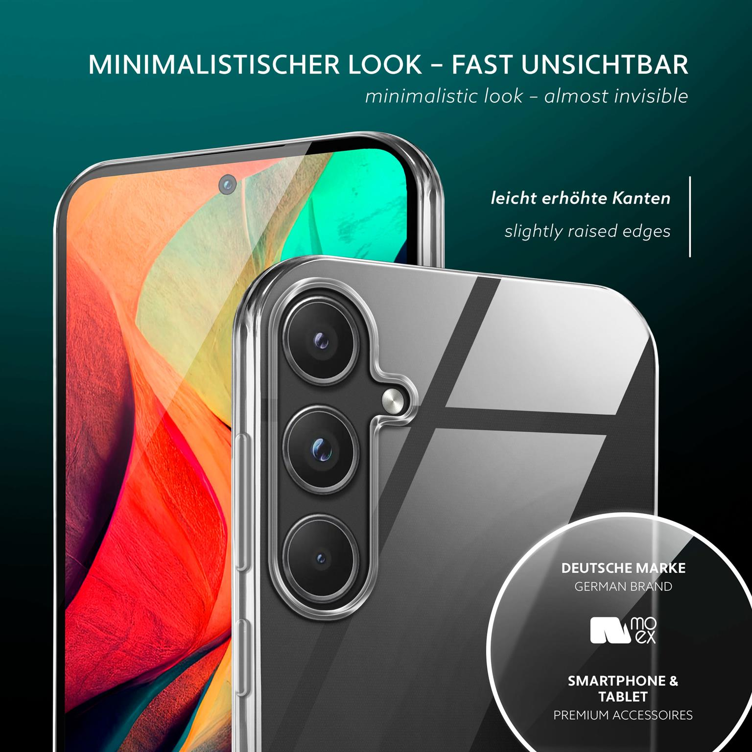 Handyhülle auf Telefon. Klare Rückseite, schwarzes Telefon.