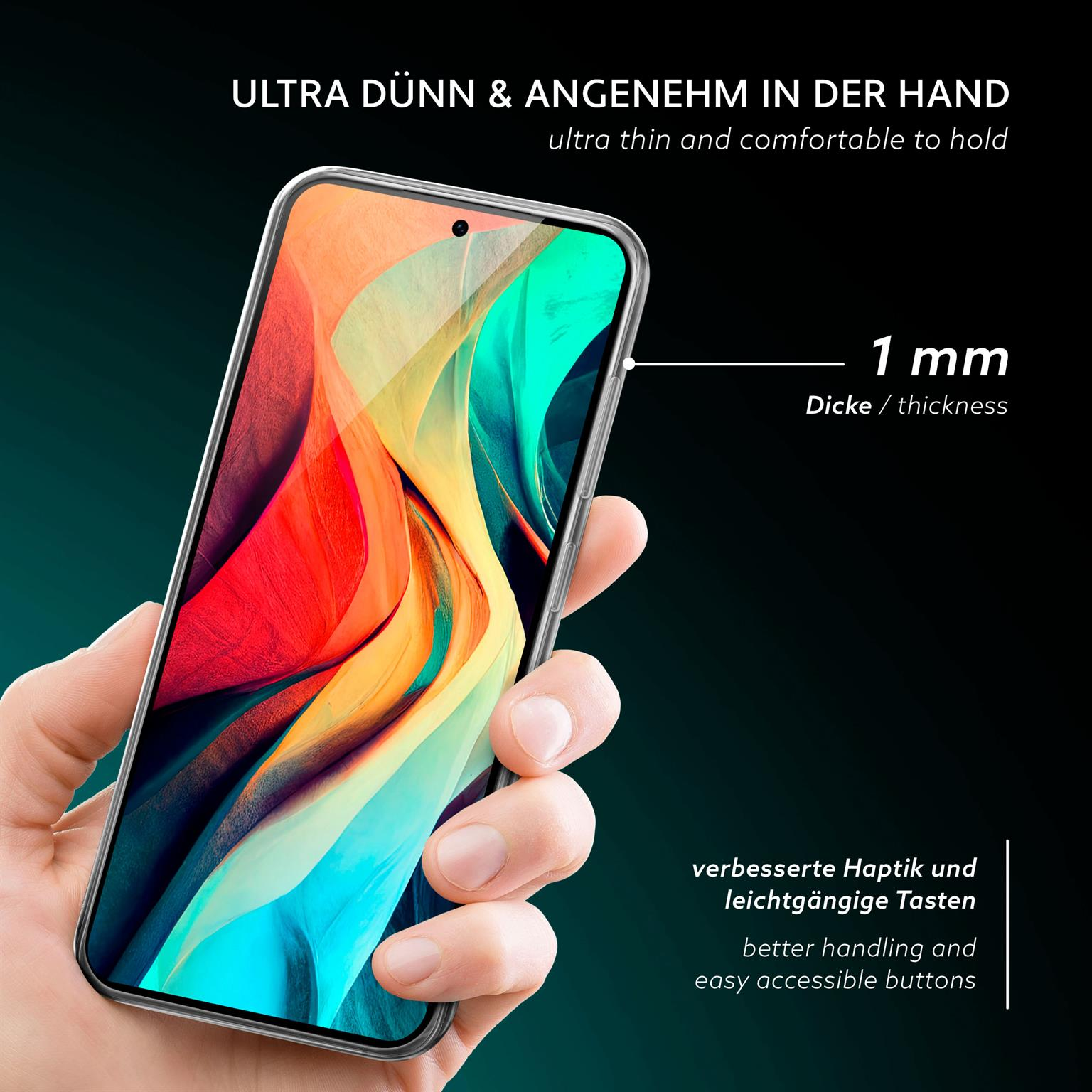 Eine transparente Handyhülle, dünn und bequem, die ein Telefon mit leicht zugänglichen Tasten zeigt.