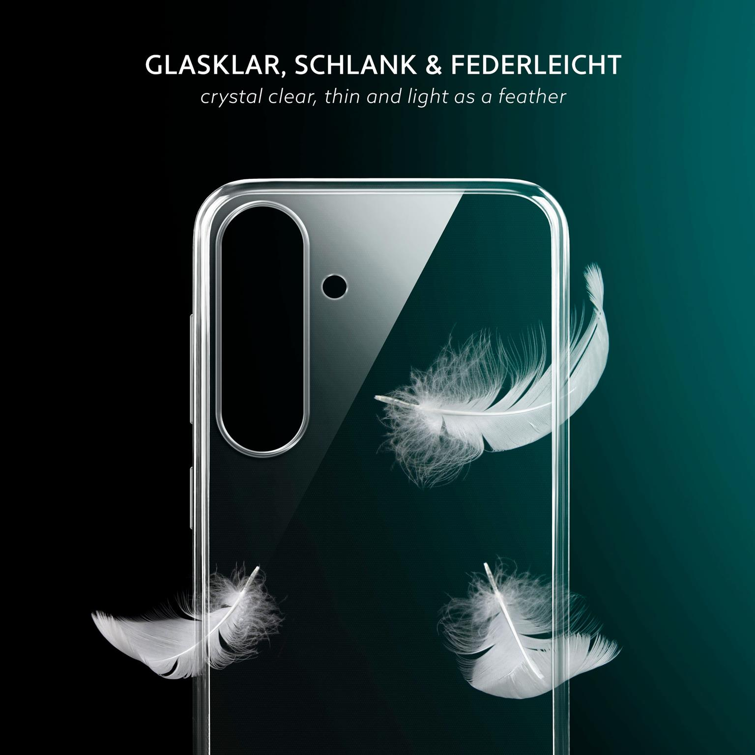 Eine transparente Handyhülle mit weißen Federn im Inneren und einem Farbverlaufhintergrund.