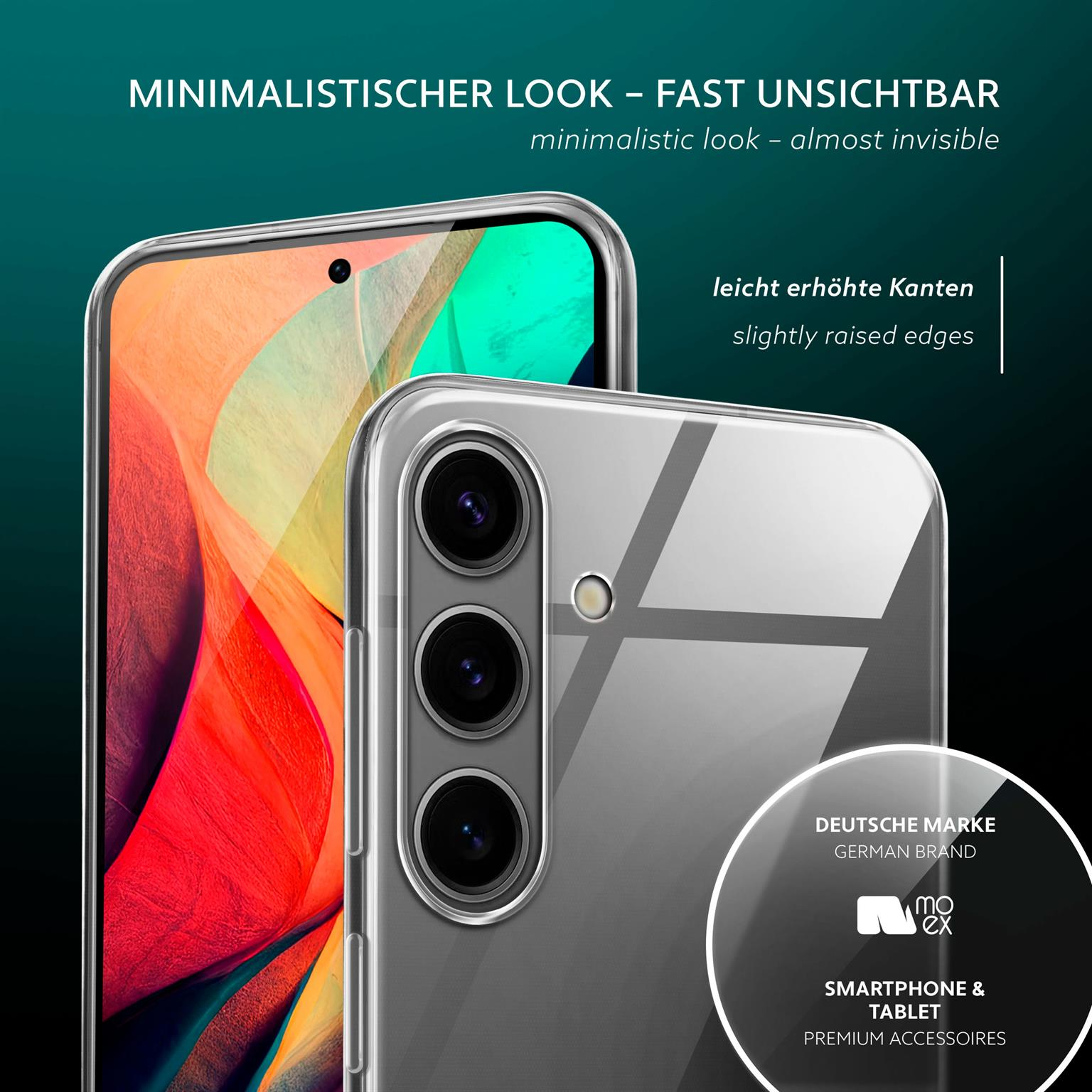 Transparente Handyhülle auf dem Telefon. Text: Minimalistischer Look, deutsche Marke, für Smartphone und Tablet.