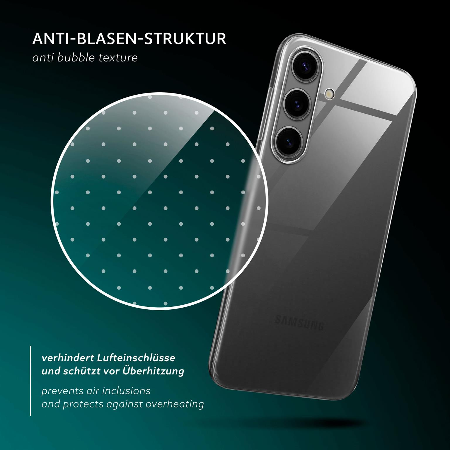 Transparente Handyhülle mit Anti-Blasen-Struktur, zeigt Telefonumriss, vor dunklem Hintergrund.