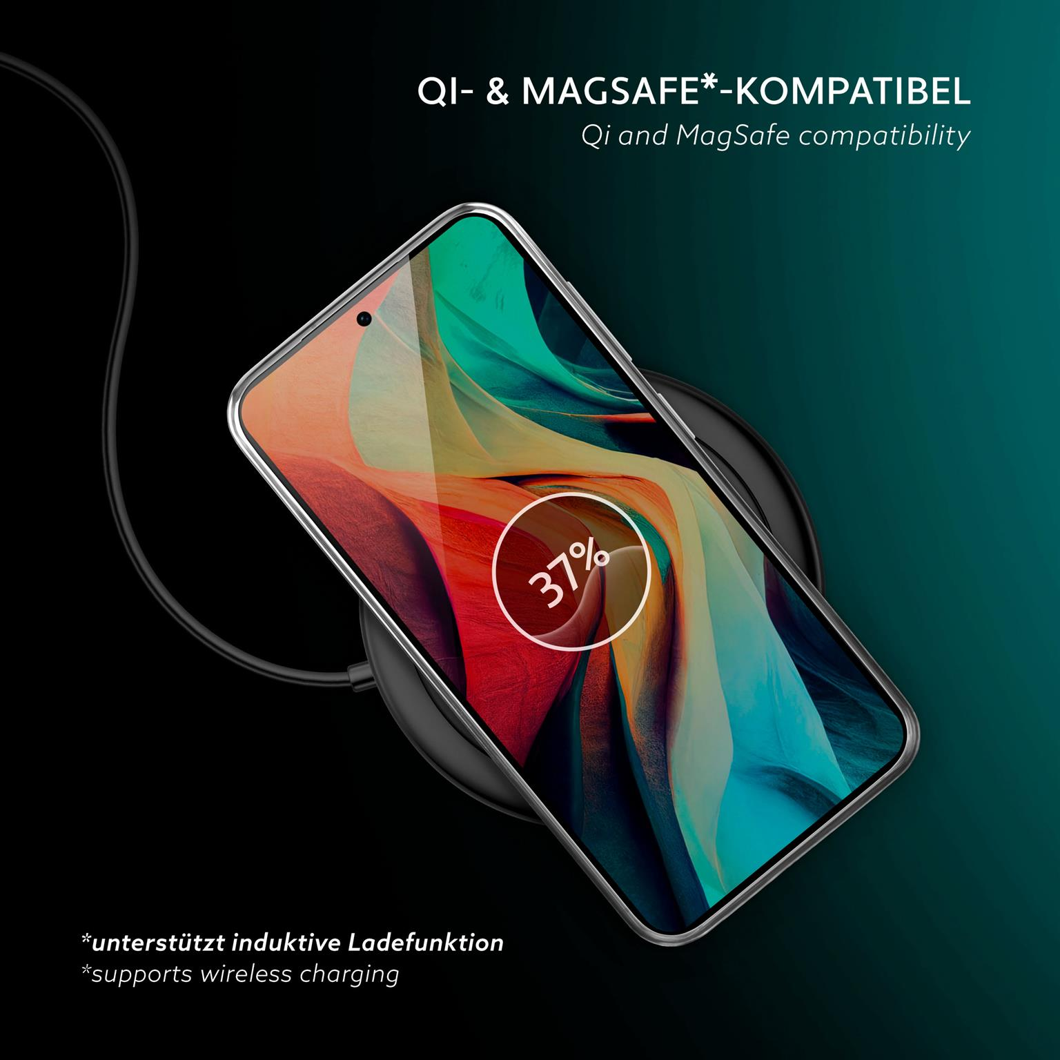 Ein Telefon auf einem kabellosen Ladegerät. Der Bildschirm zeigt den Ladestatus als 37%.