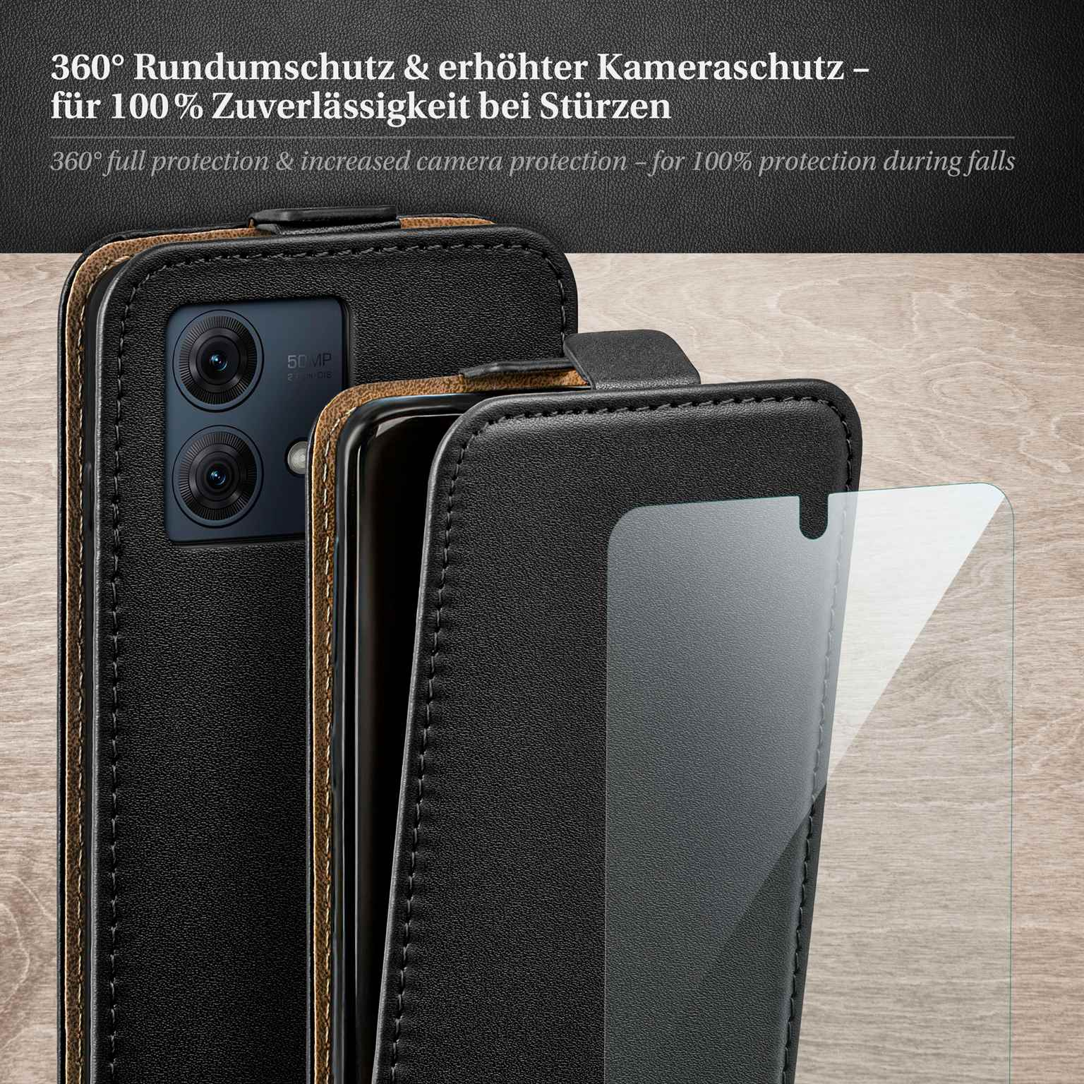 Handyhülle mit Telefon darin, mit Displayschutz, auf Holzoberfläche, mit Text.
