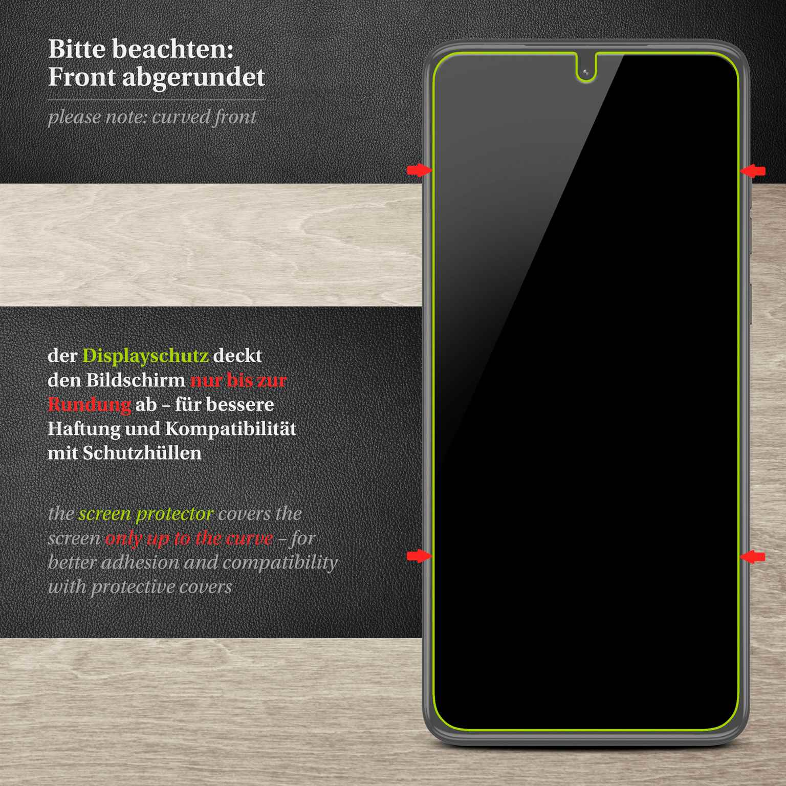 Displayschutzfolie auf einem Telefon. Schwarzer Bildschirm. Text über die gekrümmte Vorderseite. Weißer Hintergrund.
