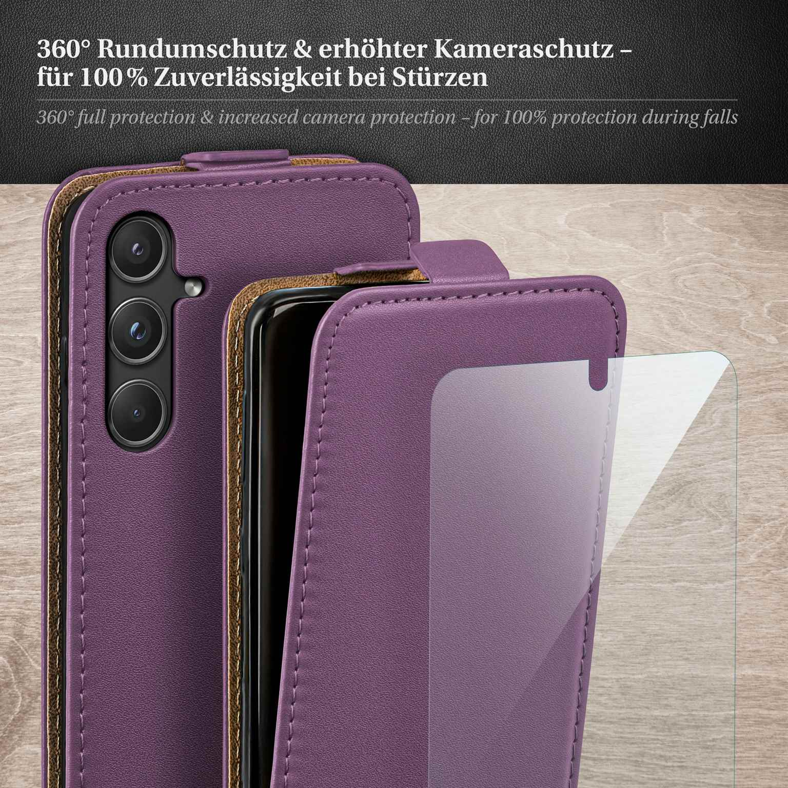 Lila Handyhülle, Telefon darin, mit Displayschutzfolie.