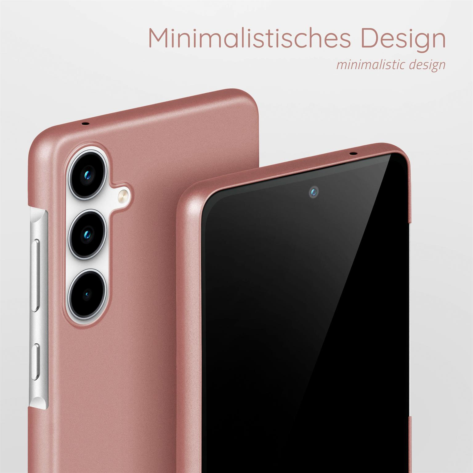 Nahaufnahme von zwei rosafarbenen Handyhüllen. Eine Hülle ist geöffnet. Der Hintergrund ist hellgrau.