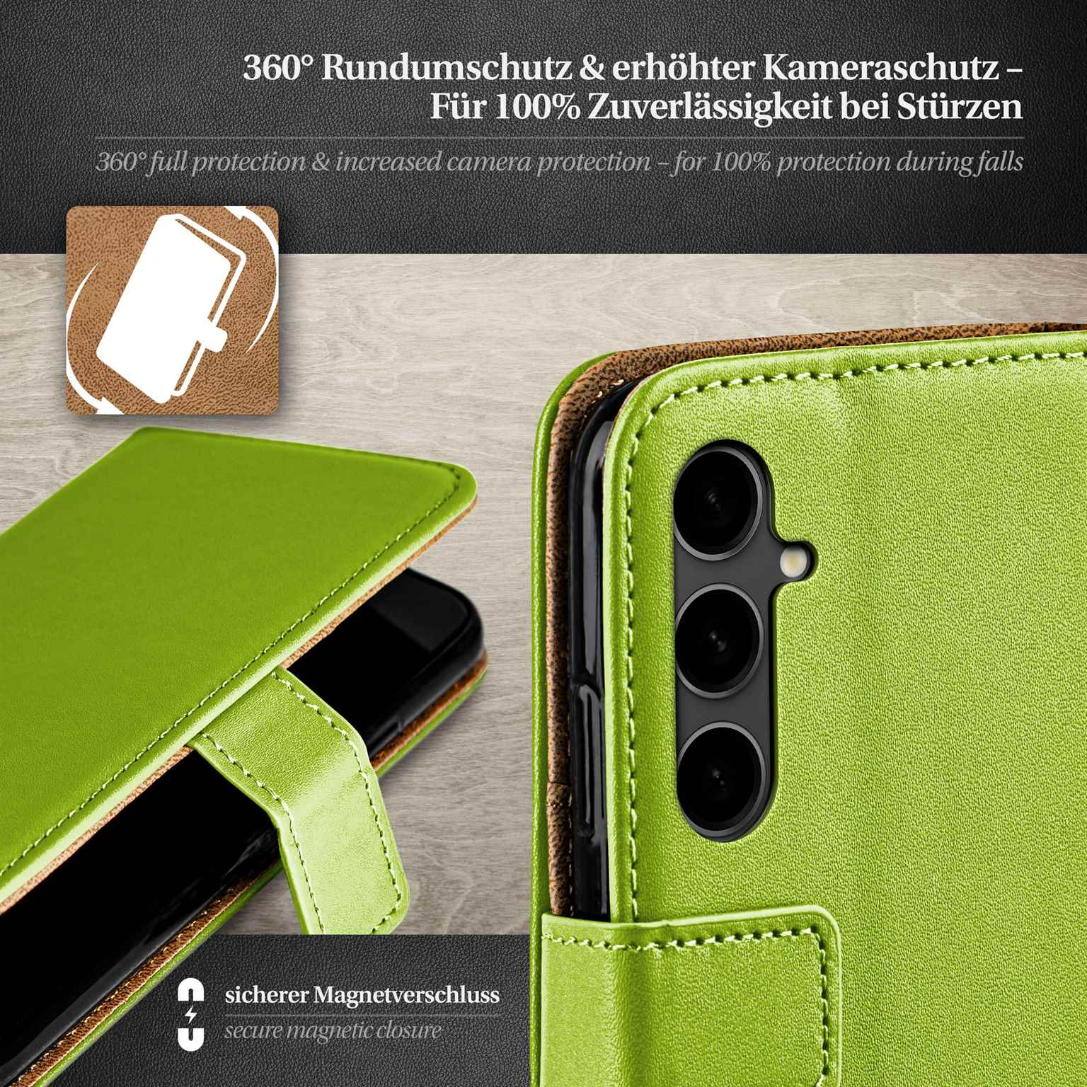 Eine grüne Leder-Handyhülle, geöffnet, mit einem Telefon. Die Hülle hat einen sicheren Magnetverschluss.
