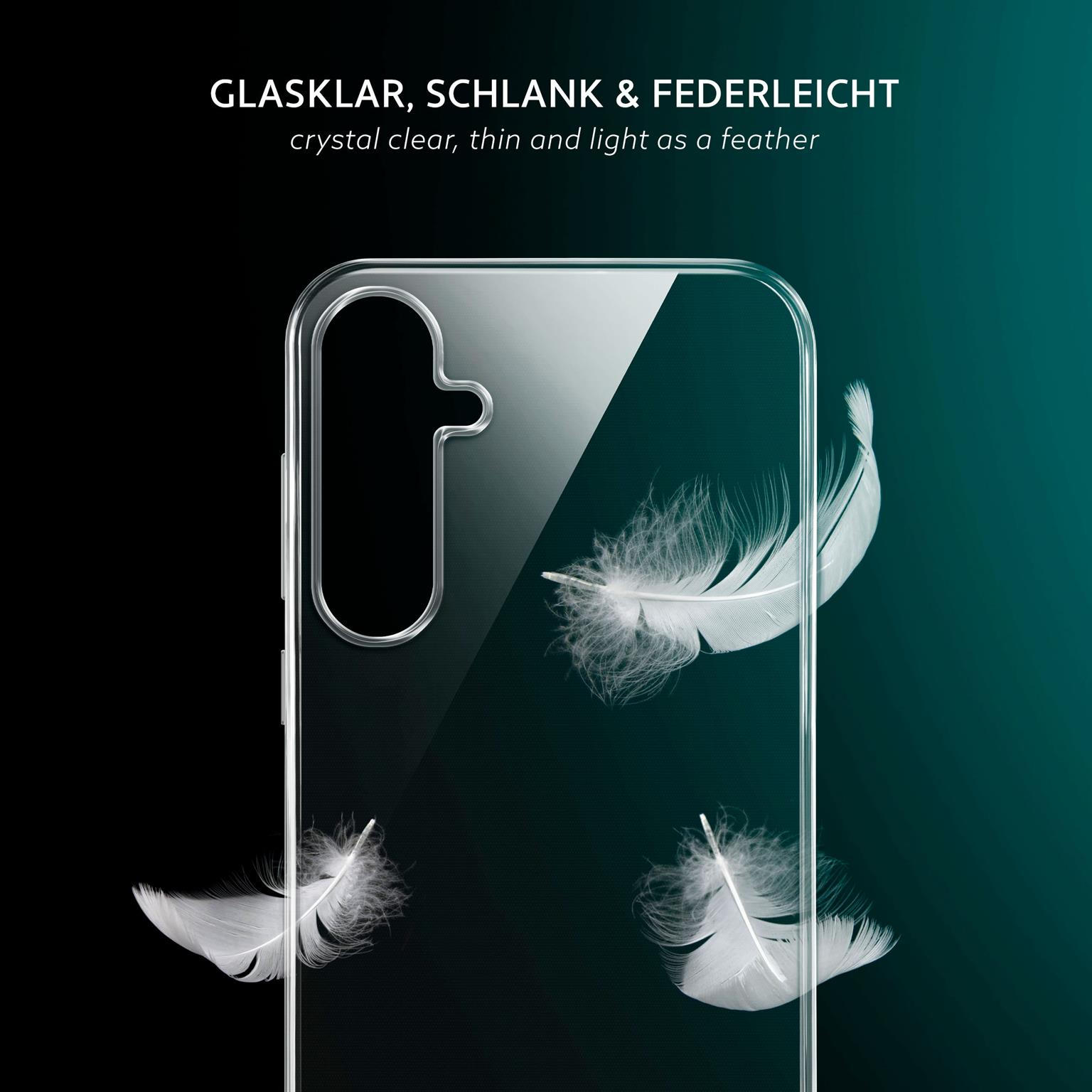 Eine Handyhülle mit klarem Design und weißen Federn, vor einem dunkelgrünen Hintergrund.