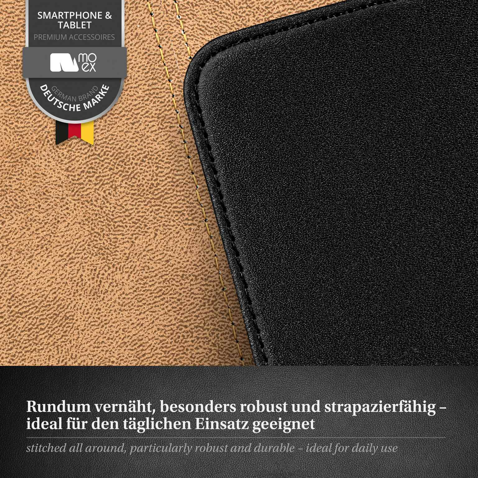 Nahaufnahme einer Ledertasche mit Text über deutsche Marke und Smartphone-Zubehör.