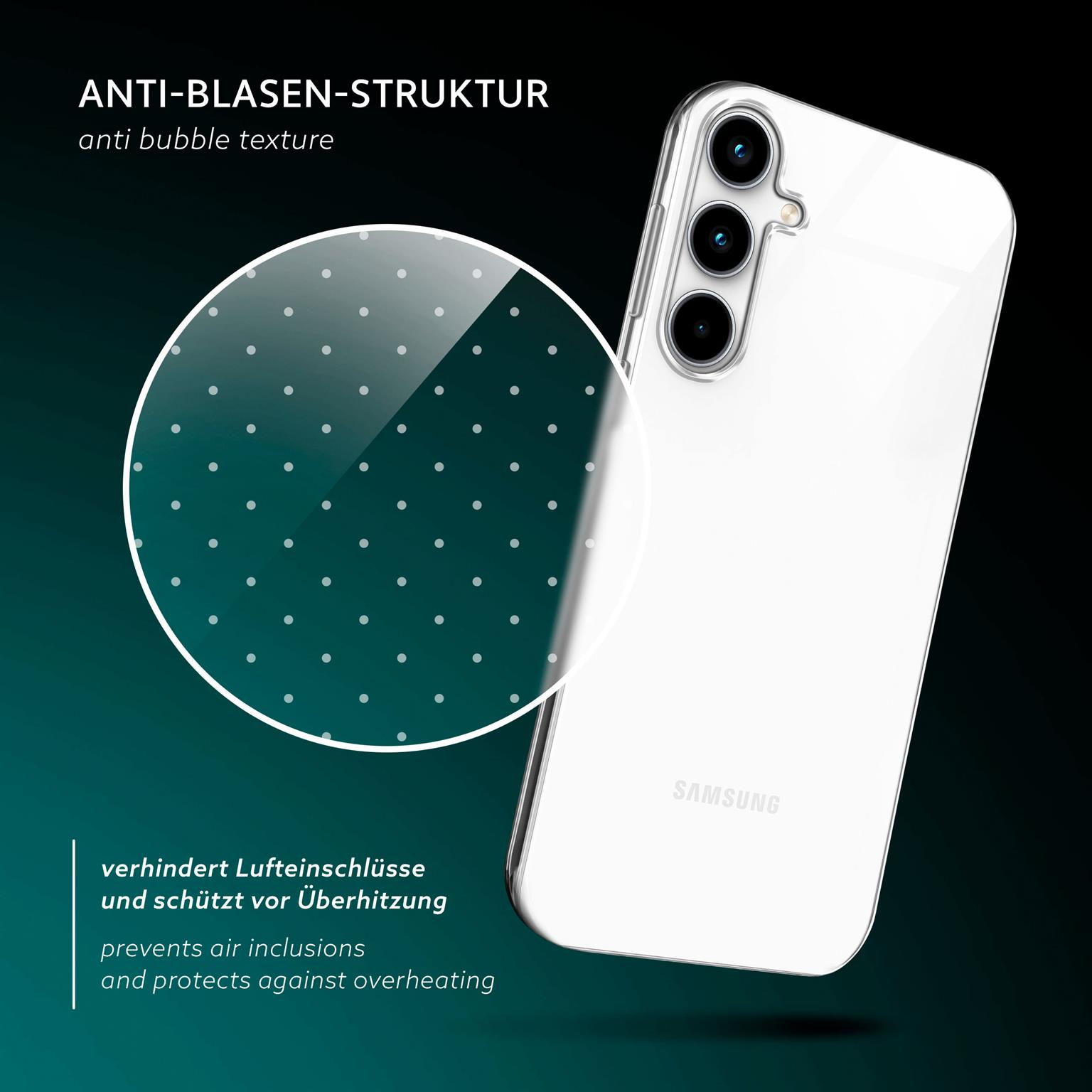 Ein Telefon in einer transparenten Hülle mit weißem Samsung-Logo. Die Hülle hat eine Punktstruktur auf der Rückseite.