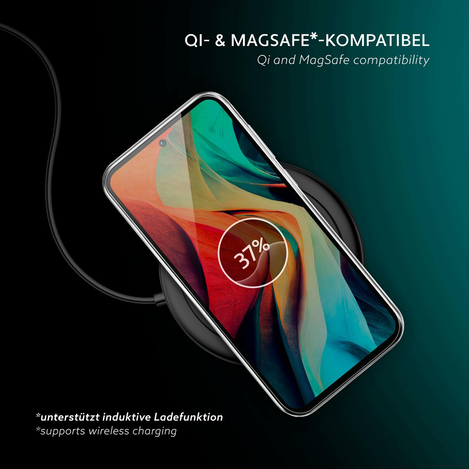 Ein Telefon, das auf einem kabellosen Ladegerät mit einer 37 % Akkuanzeige lädt. Schwarzer Hintergrund.
