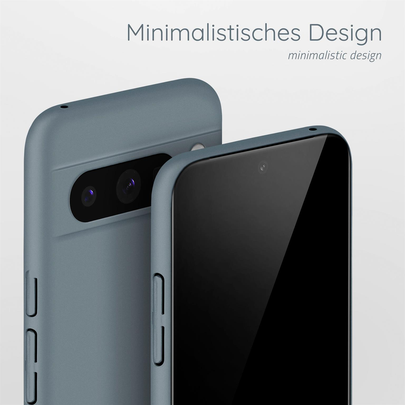 Zwei blaue Handyhüllen. Eine zeigt die Rückseite, die andere den Bildschirm.