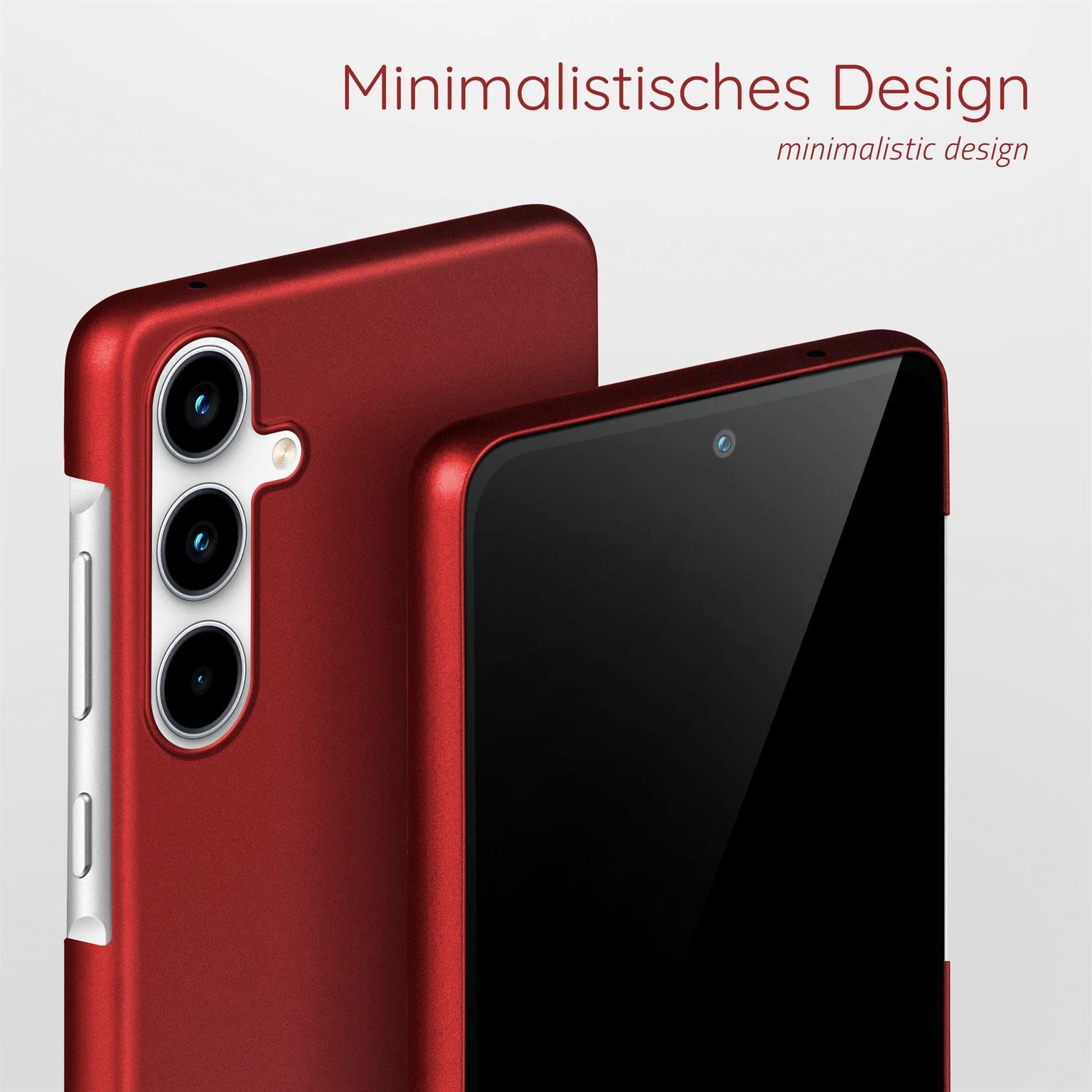 Rote Handyhülle mit einem Telefon darin. Das Telefon ist schwarz und die Hülle rot. Die Hülle hat Kameraausschnitte.