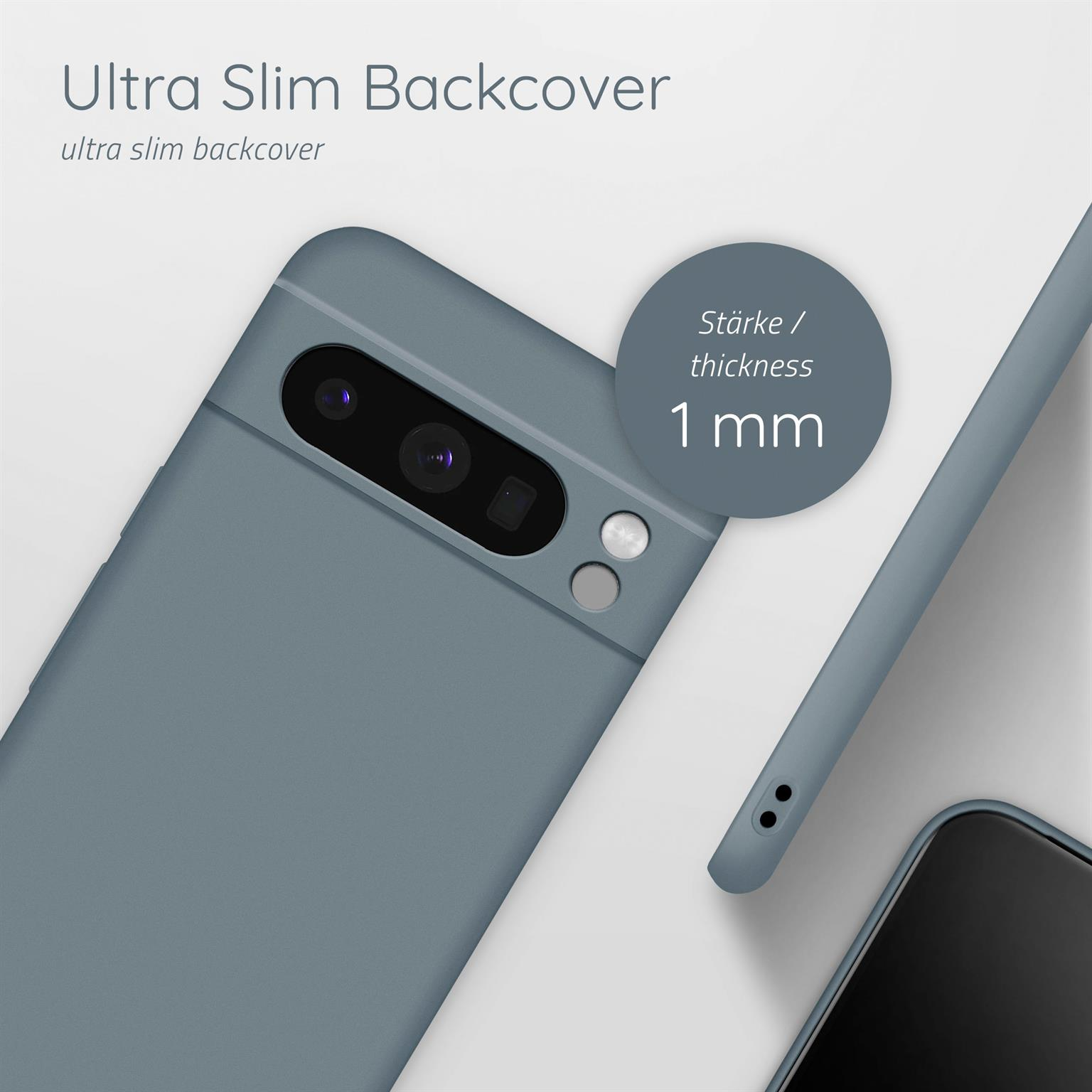 Eine graue Handyhülle. Die Dicke beträgt 1 mm. Rückseite, mit Telefon in der Hülle.