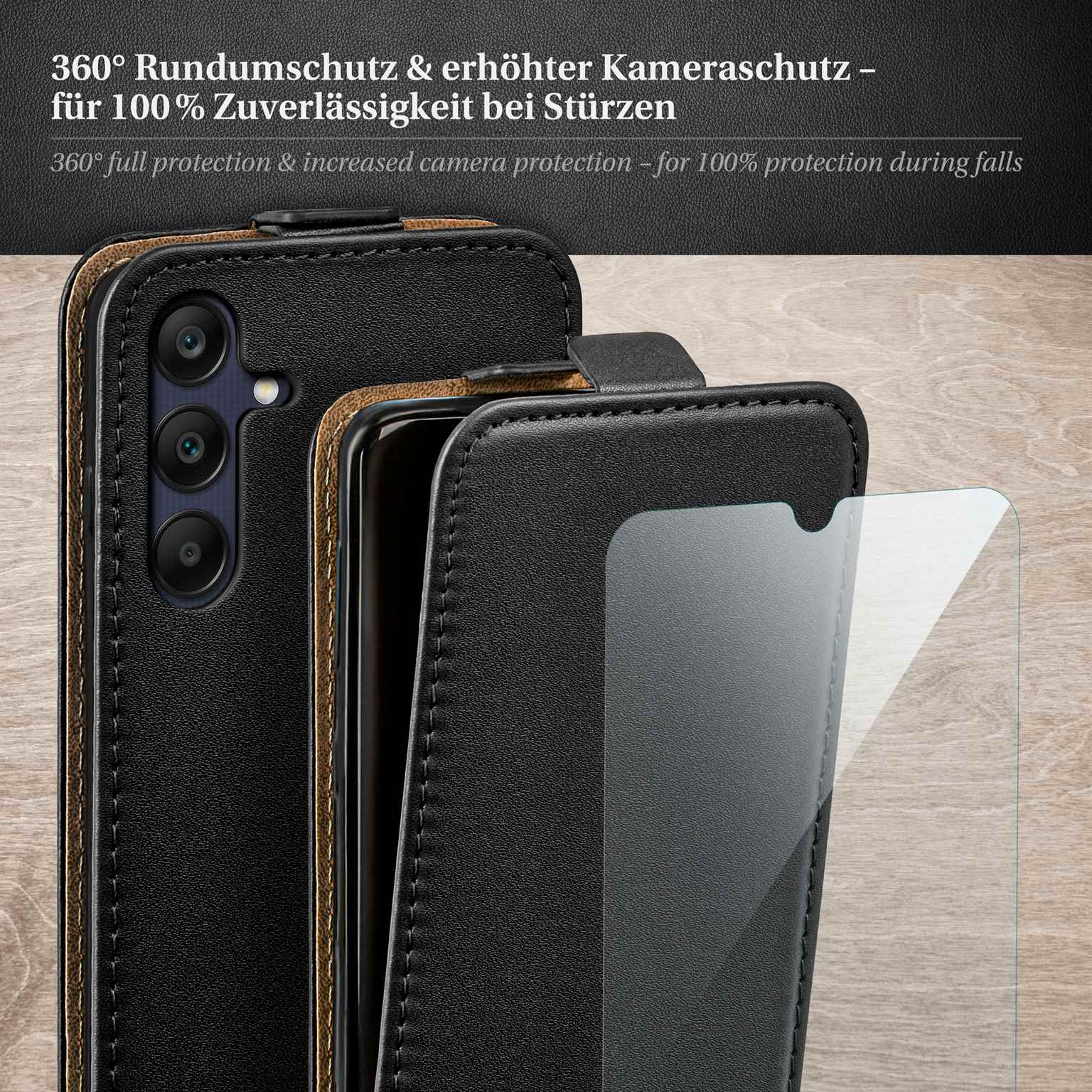 Eine schwarze Leder-Handyhülle mit Displayschutzfolie. Deutscher Text beschreibt Schutz und Haltbarkeit.