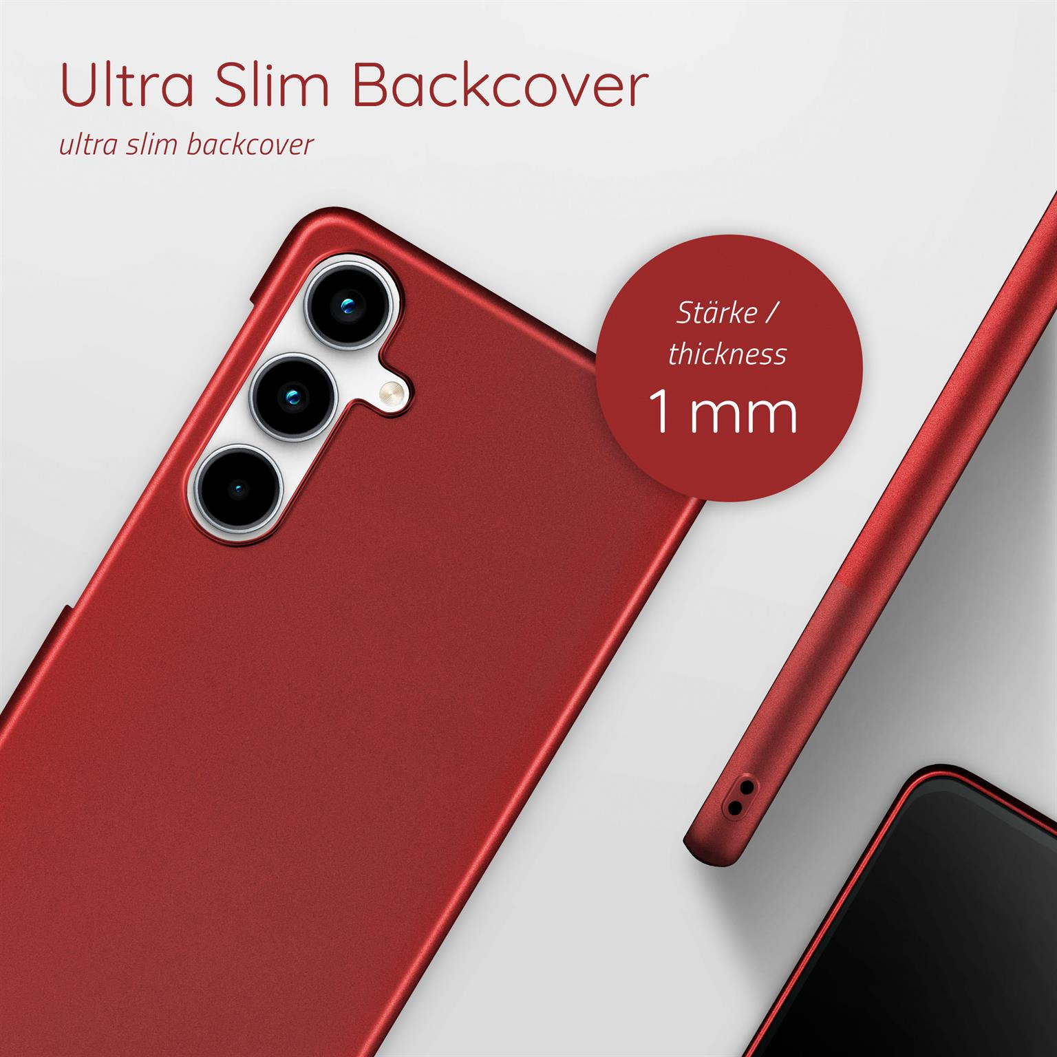 Ein rotes Telefon mit einer Dicke von 1 mm. Das Telefon ist angewinkelt.