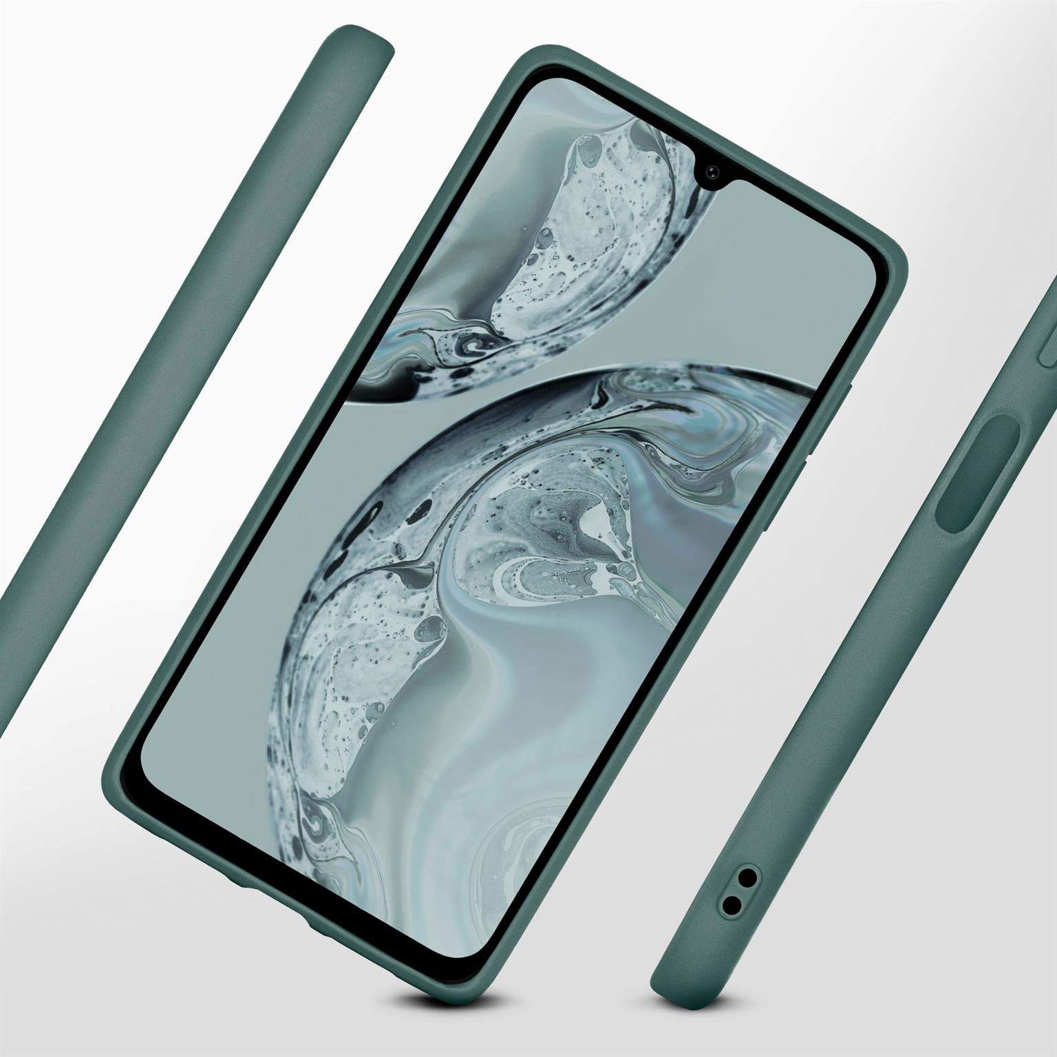 Telefon in grüner Hülle. Drei Gehäuseteile sind um den Bildschirm herum abgebildet, mit hellem Hintergrund.