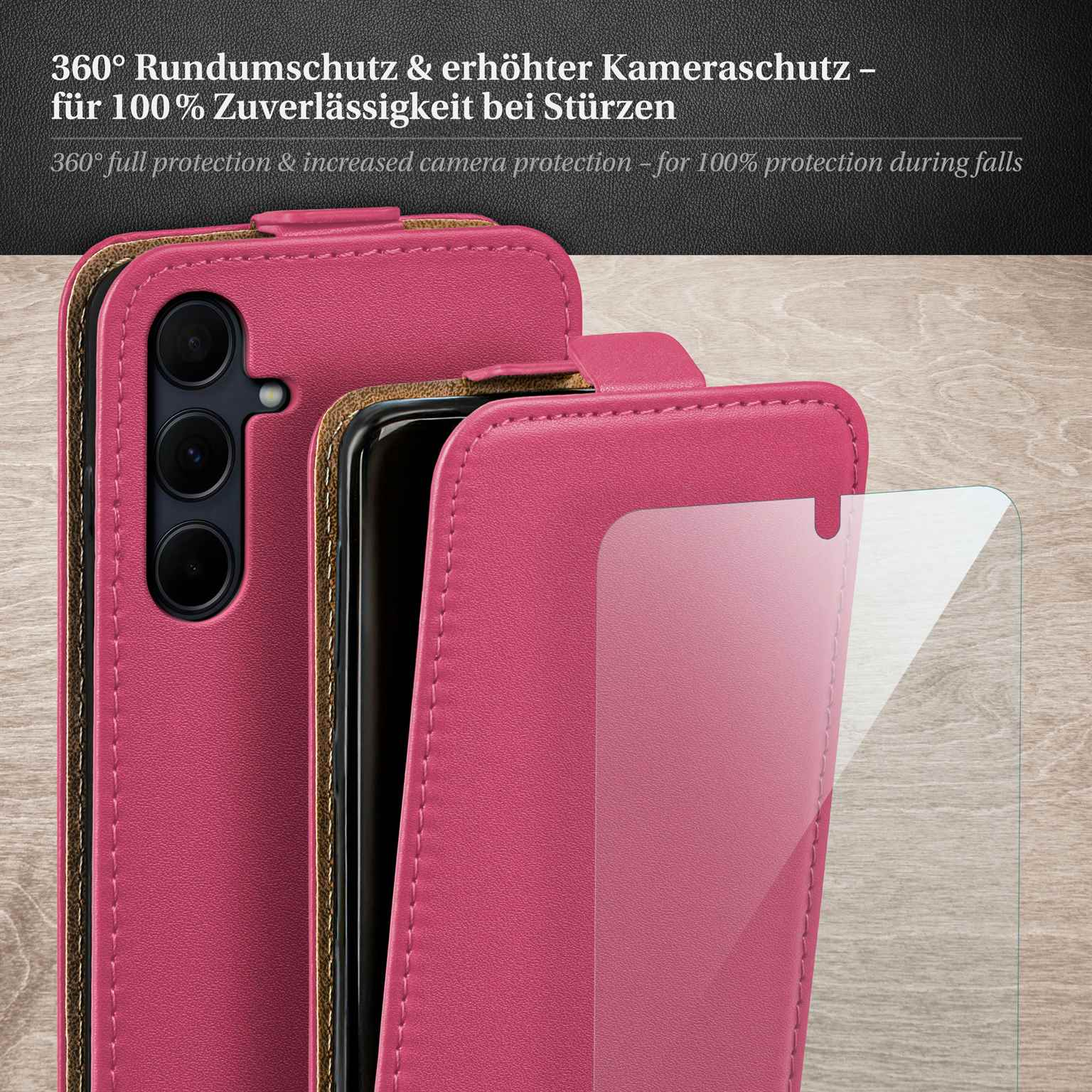 Eine offene pinkfarbene Handyhülle, ein Telefon darin und eine klare Displayschutzfolie.