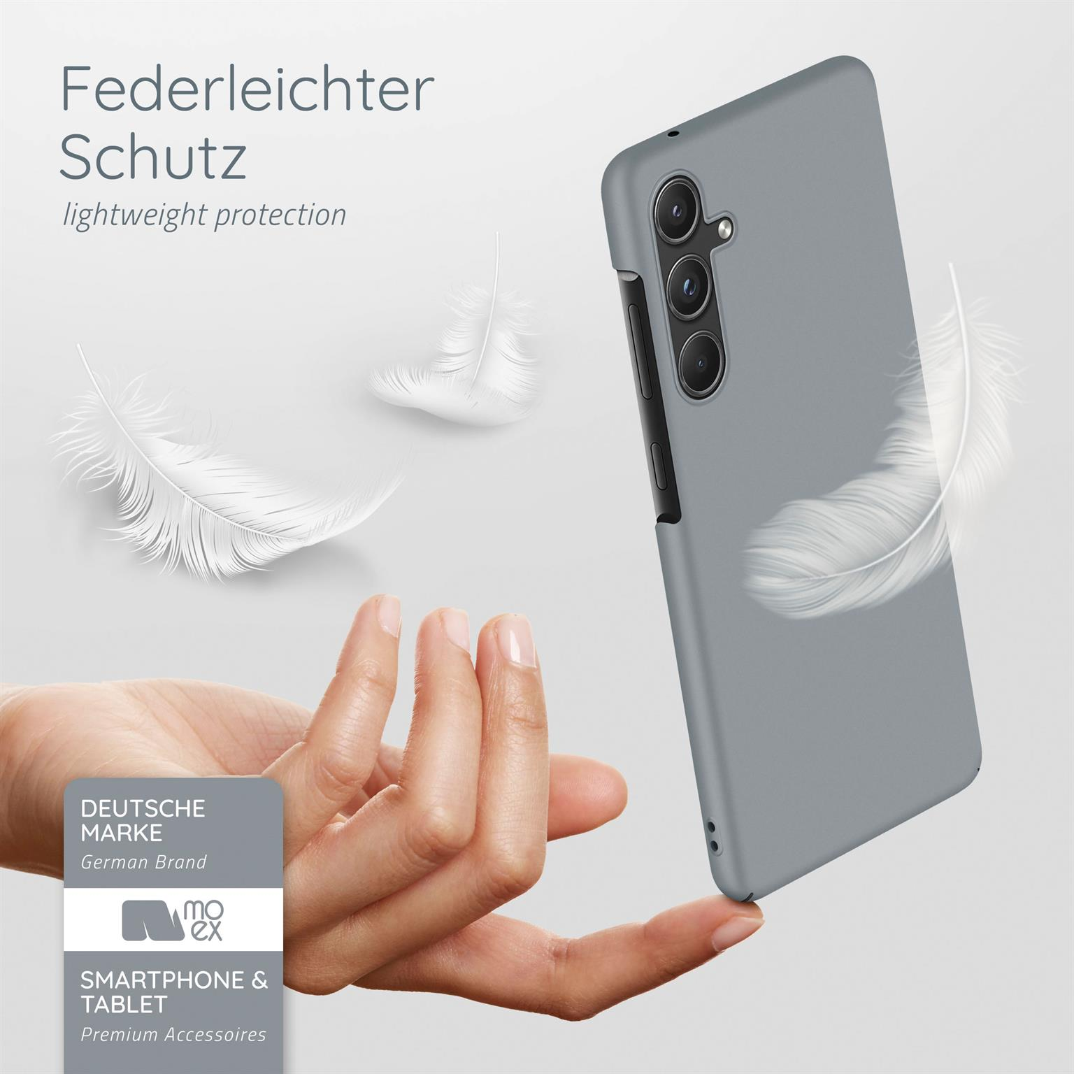 Ein graues Smartphone, das von einer Hand gehalten wird. Einige Federbilder und Text: leichter Schutz. Deutsches Markenlogo.