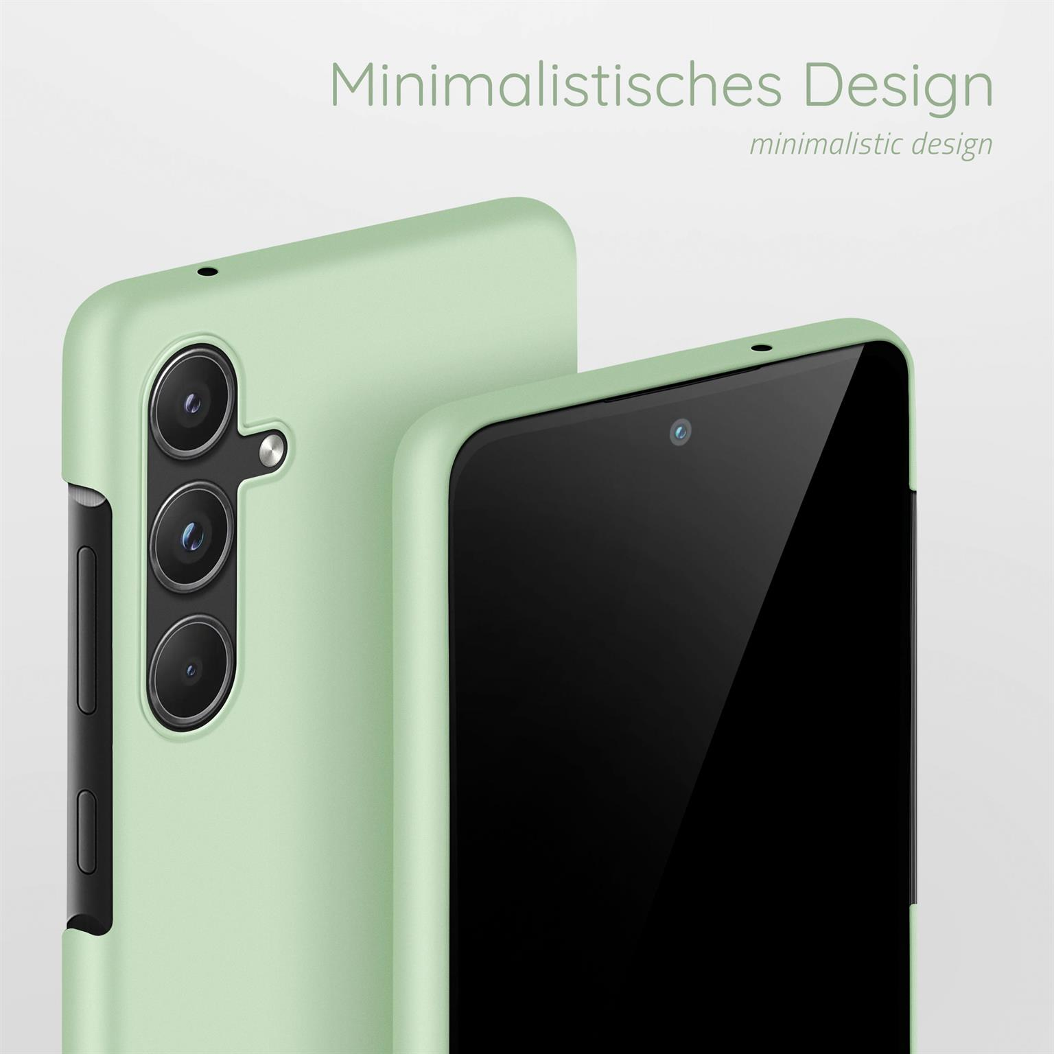 Zwei Handyhüllen, eine salbeigrün und eine schwarz. Minimalistisches Design, heller Hintergrund.