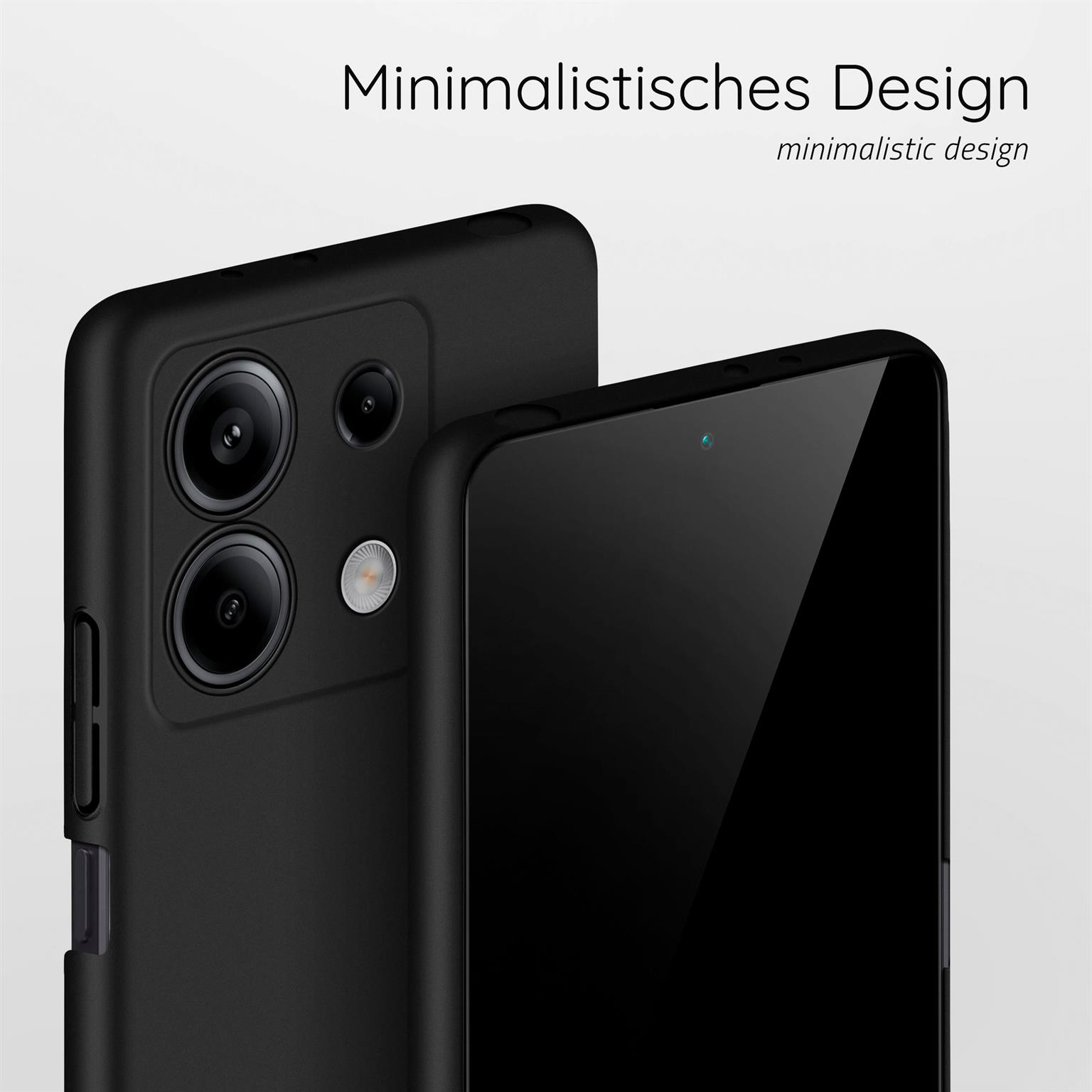 Zwei schwarze Smartphones, eines mit Kameralinsen, auf weißem Untergrund. Text: Minimalistisches Design.