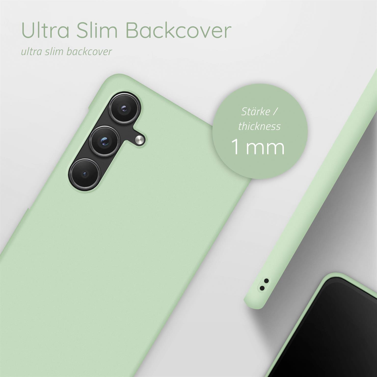 Eine hellgrüne Handyhülle. Text: Ultra Slim Backcover. Dicke: 1 mm. Ein Telefon ist sichtbar.