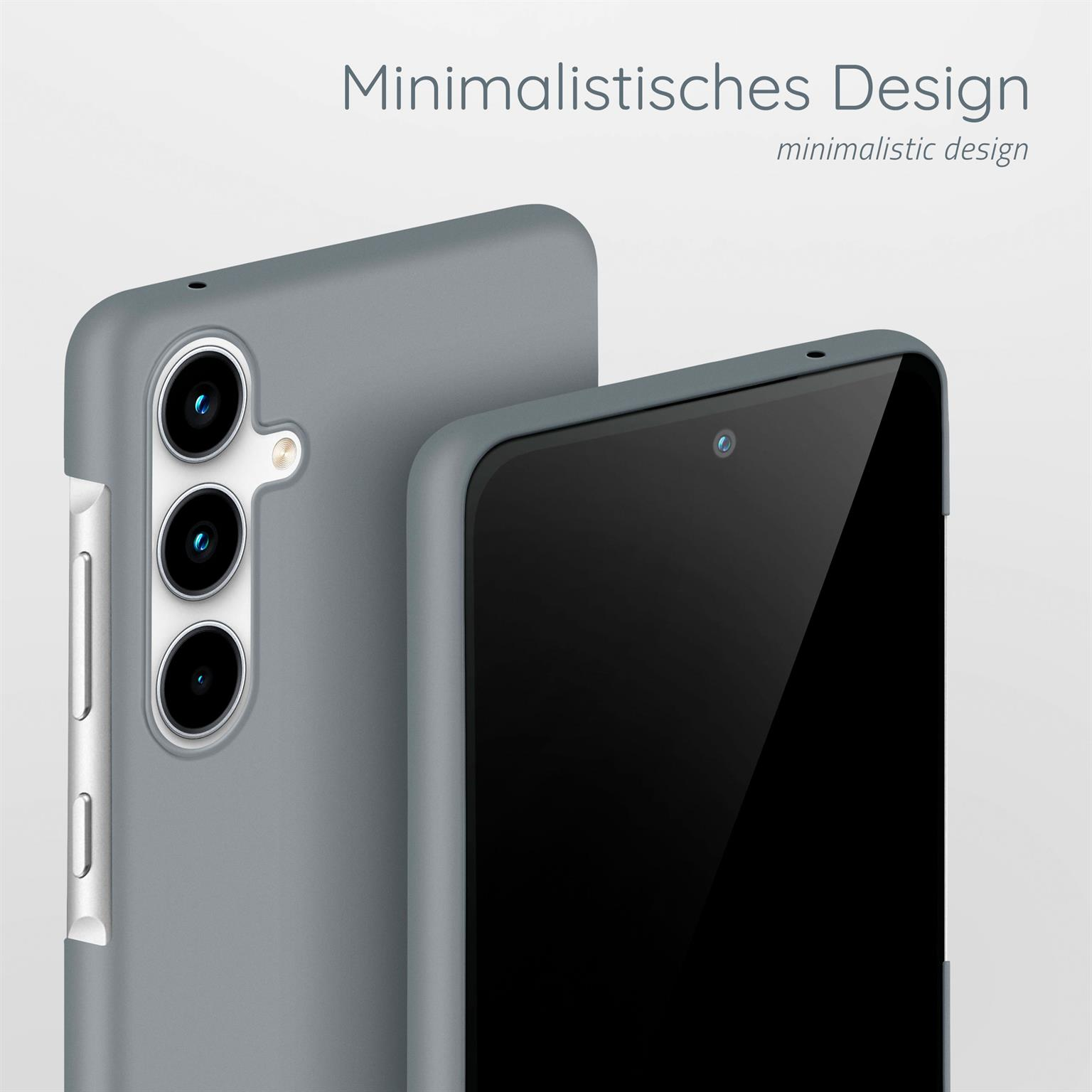 Zwei graue Handyhüllen, eine vor der anderen, zeigen Kameradetails und Bildschirm.