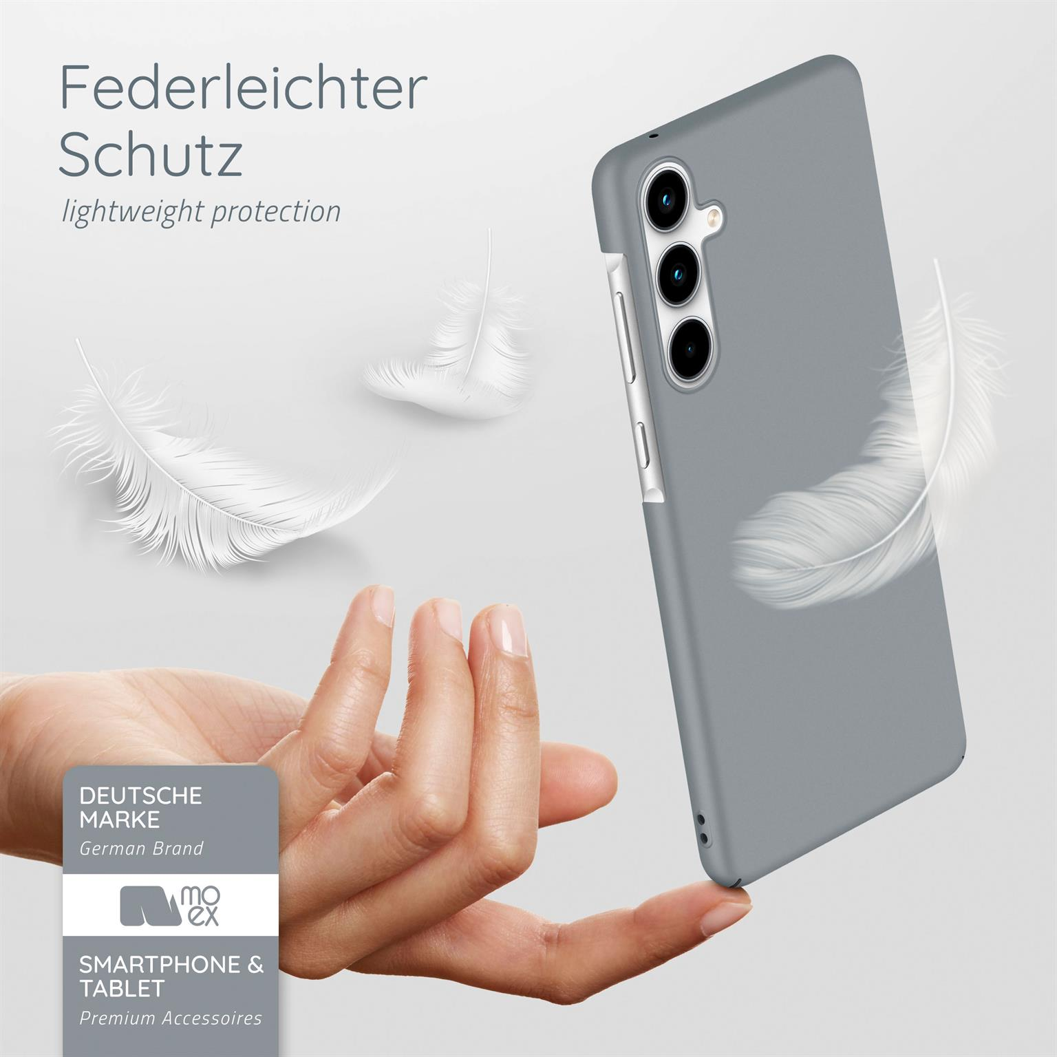 Eine graue Handyhülle, mit schwebenden Federn. Text: leichter Schutz. Hand, die die Hülle hält.