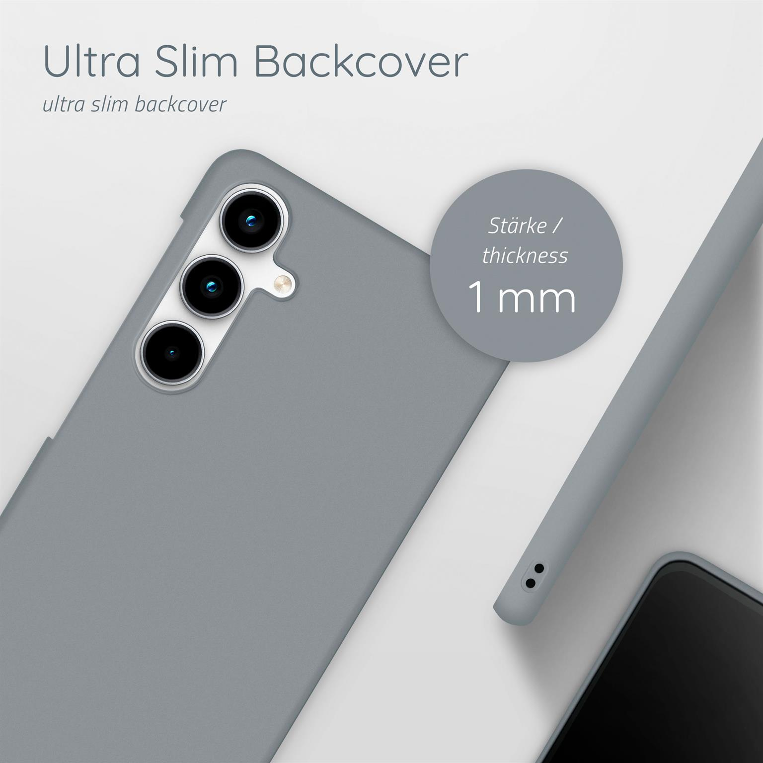 Graue Handyhülle mit einer Stärkenangabe von 1 mm. Text: Ultra Slim Backcover.