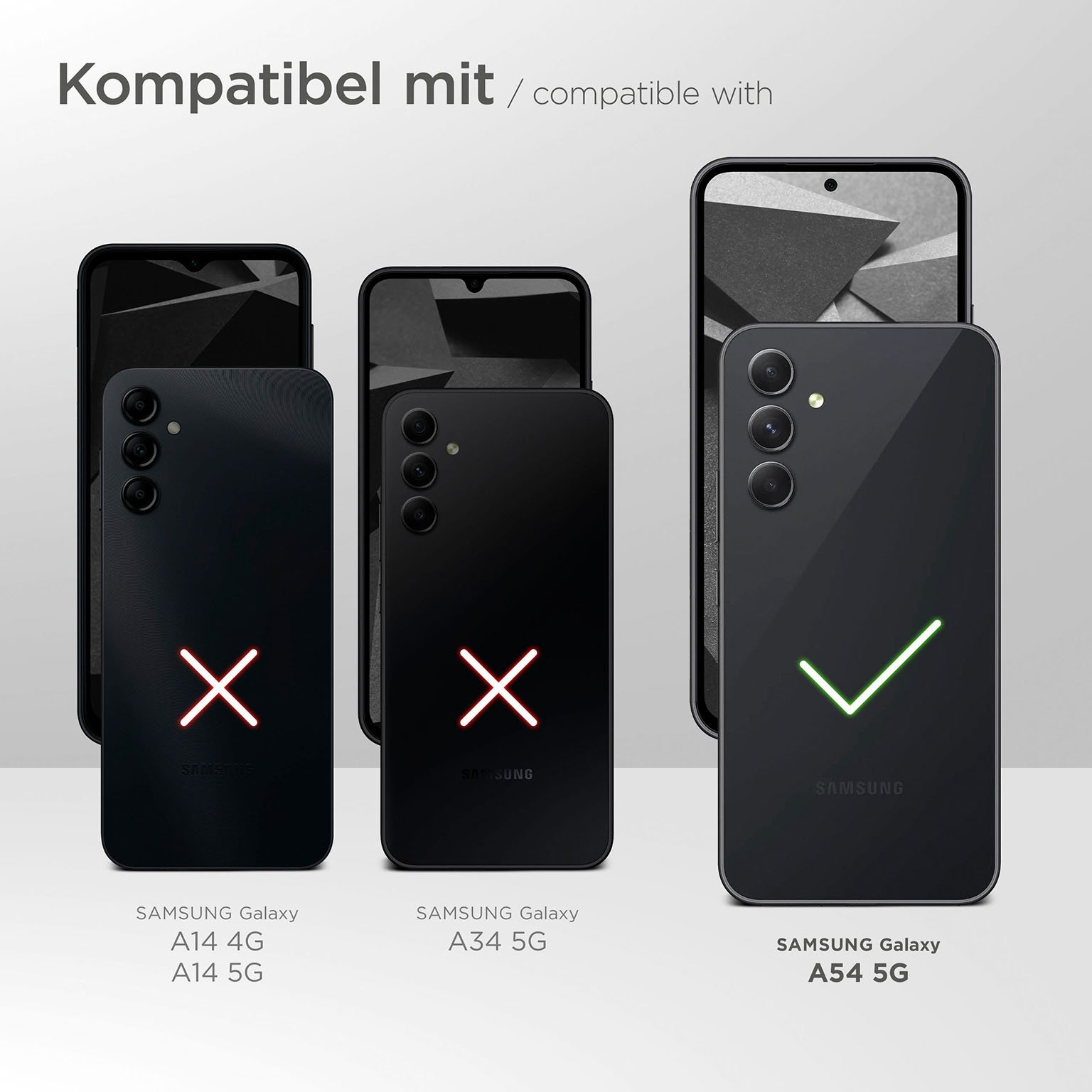 Telefon-Kompatibilitätstabelle. Samsung A54 5G kompatibel, andere nicht. Schwarze Telefone auf weißem Grund.