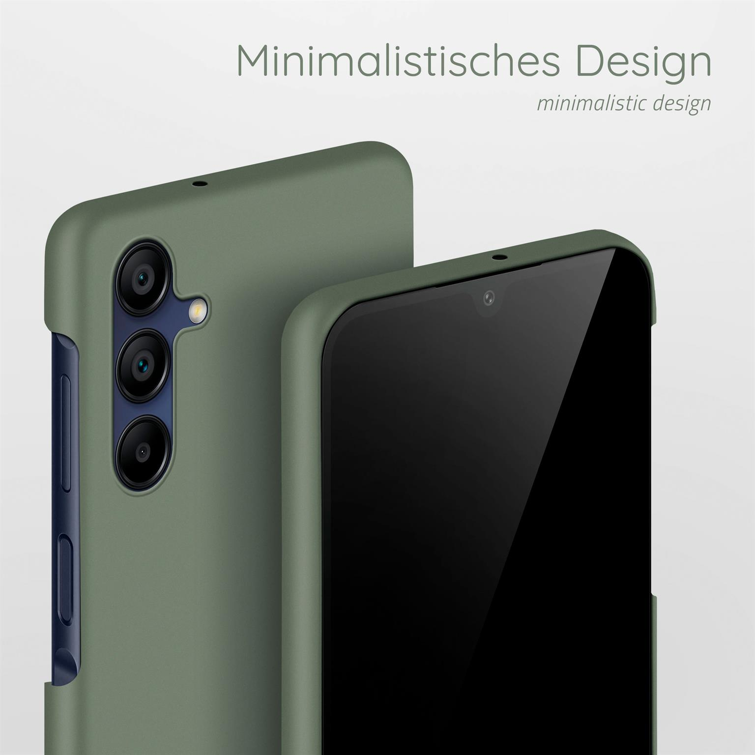 Eine olivgrüne Handyhülle mit minimalistischem Design. Eine weitere Handyhülle ist im Hintergrund zu sehen.