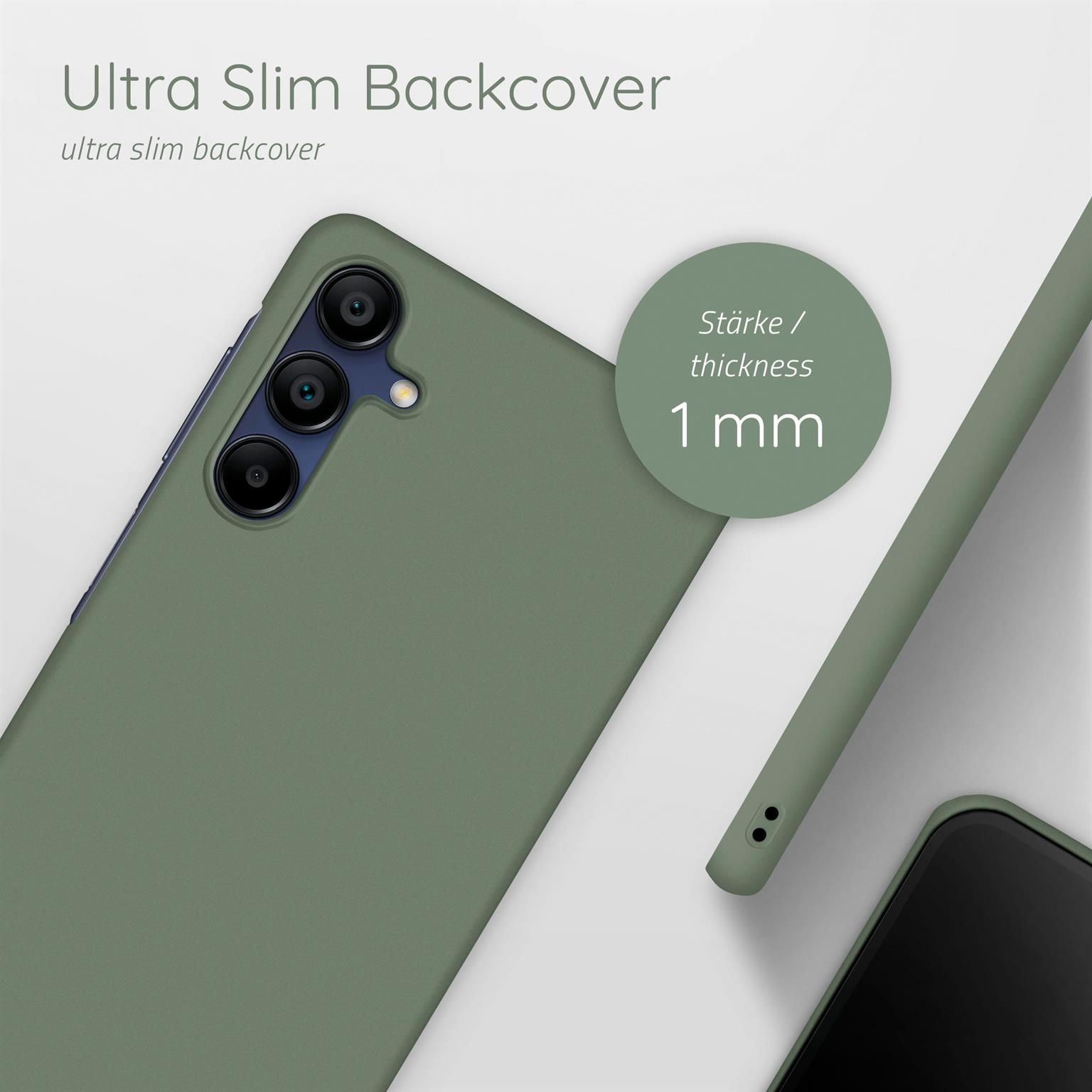 Grüne Handyhülle mit Kameralinsen und Dickenanzeige. Text: Ultra Slim Backcover, 1 mm.