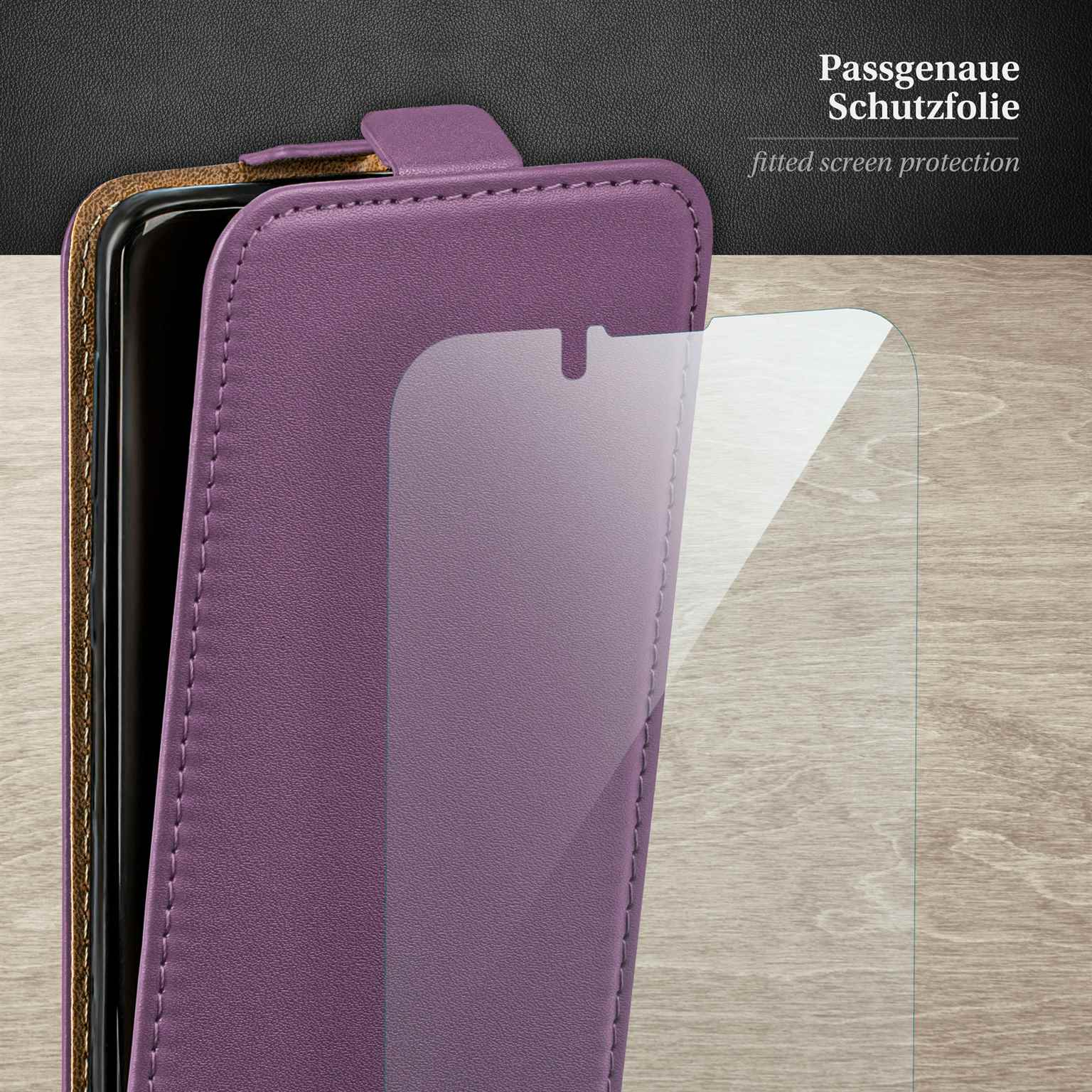 Lila Handyhülle mit passgenauem Displayschutz. Text: Passgenauer Displayschutz.