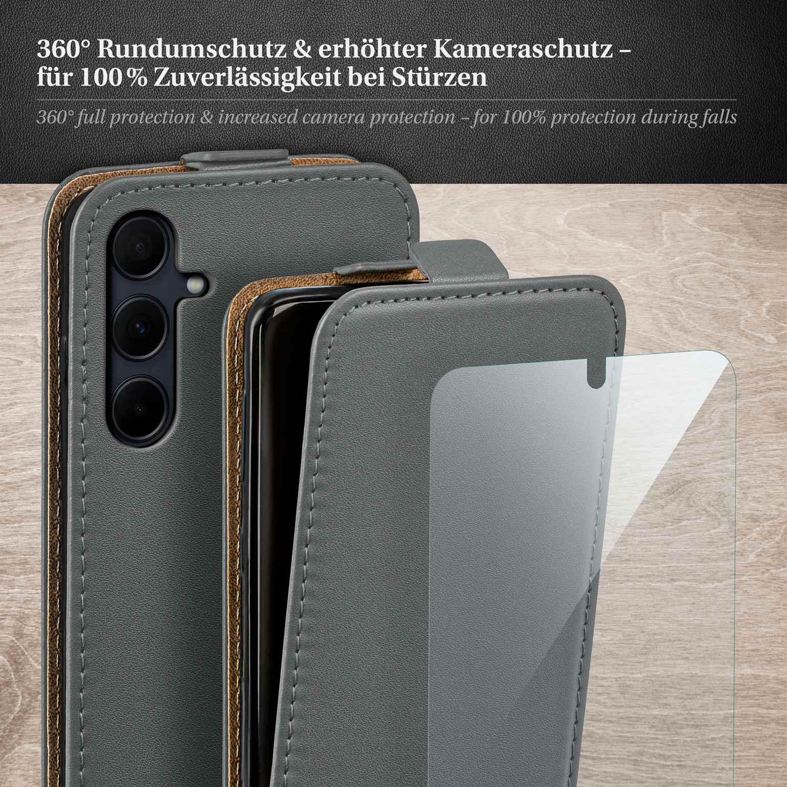 Handyhülle, grau und braun. Text: 360° Rundumschutz. Merkmale: Kameraschutz, Bildschirmschutz.