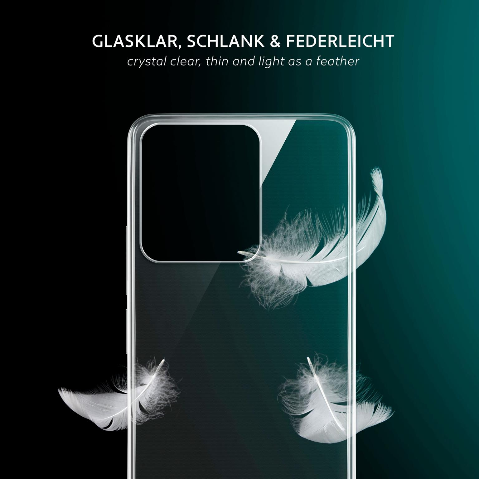Transparente Handyhülle mit weißen Federn auf dunklem blaugrünen Hintergrund. Text: kristallklar.