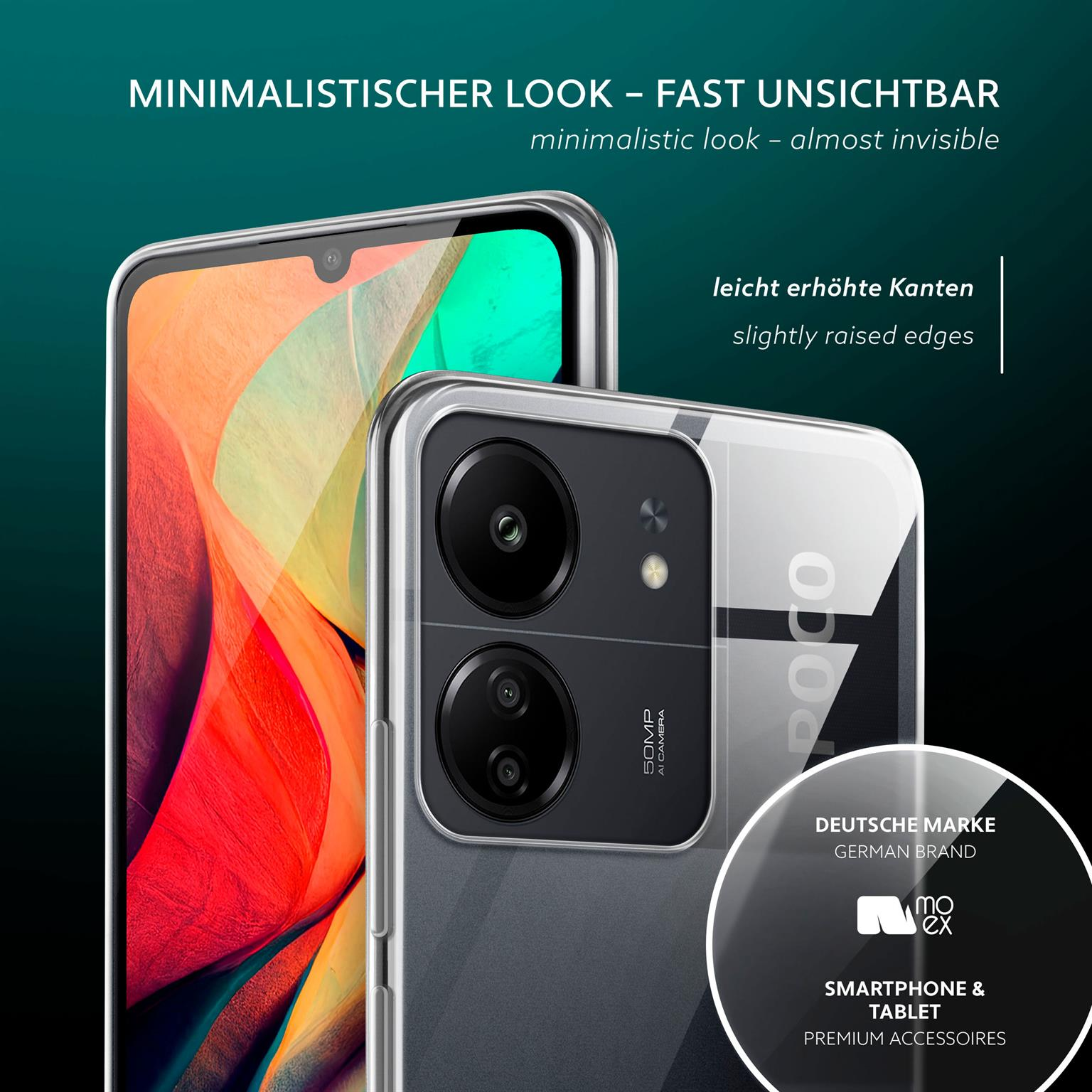 Klare Handyhülle auf dem Handy, Rückseite des Telefons zeigend. Klare Hülle mit erhöhten Kanten und Logo.